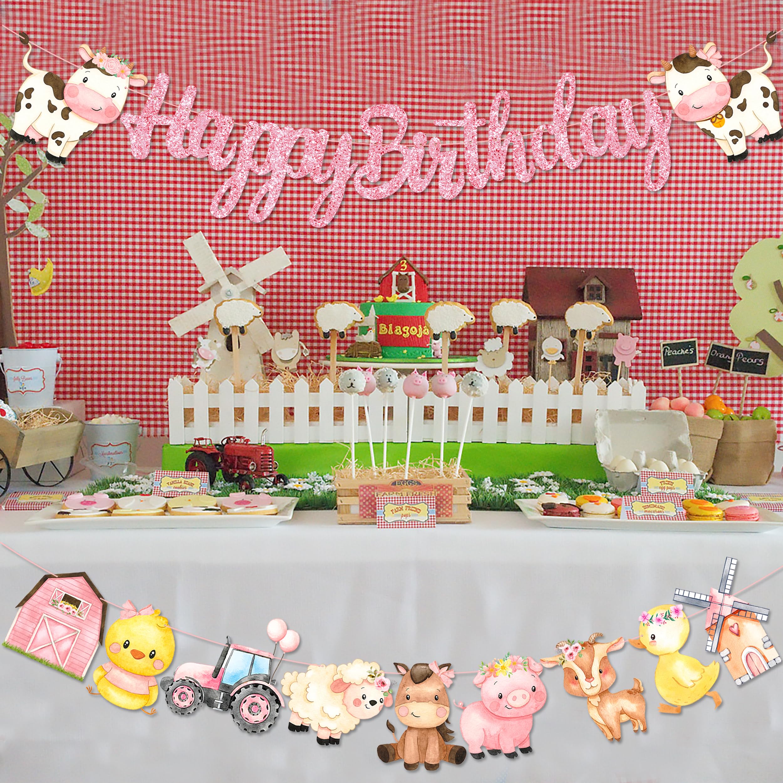 Pancartas de cumpleaños con temática de granja con purpurina rosa