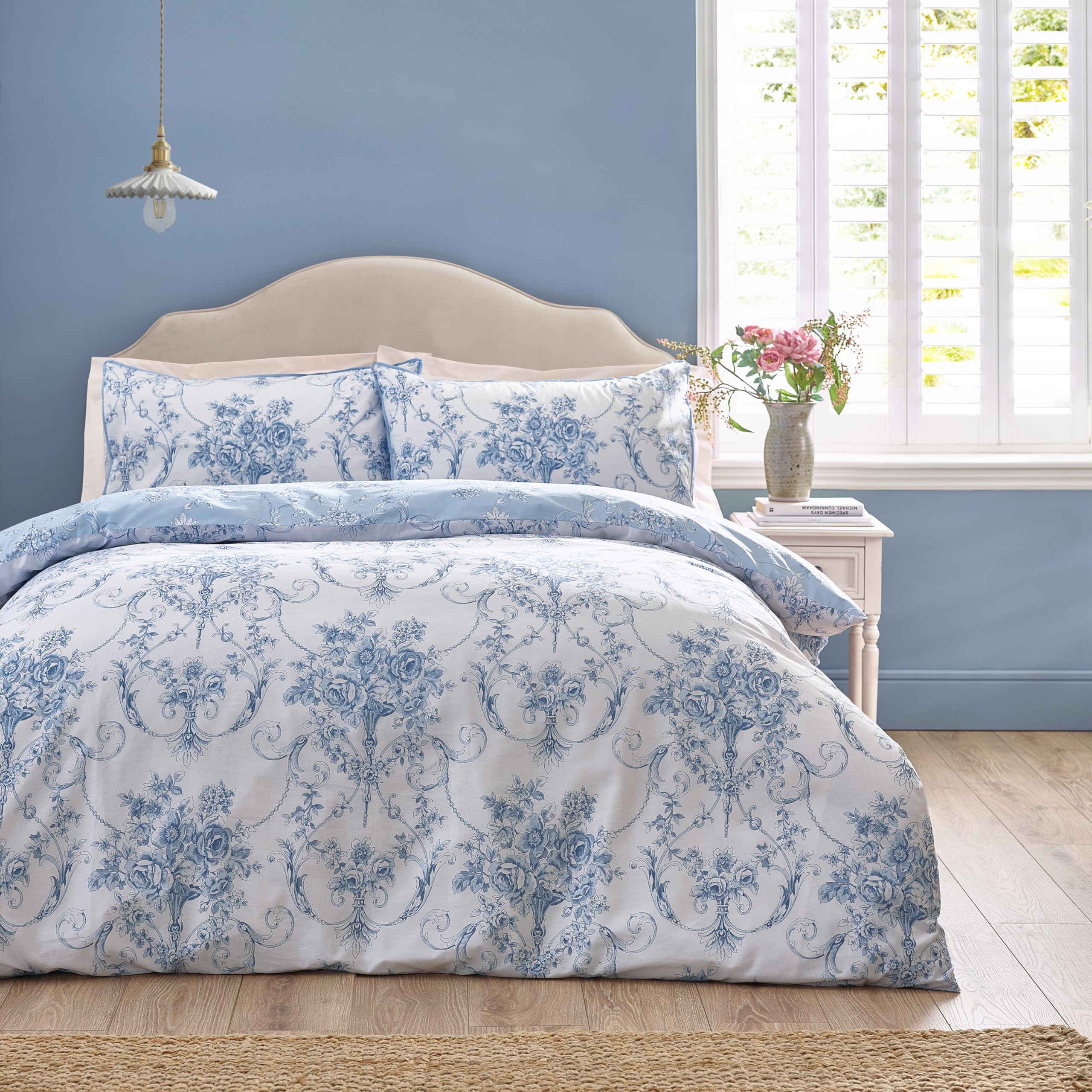 Catherine Lansfield Blue 'Antoinette Damask' Reversible Duvet Cover Set In | Size: Double