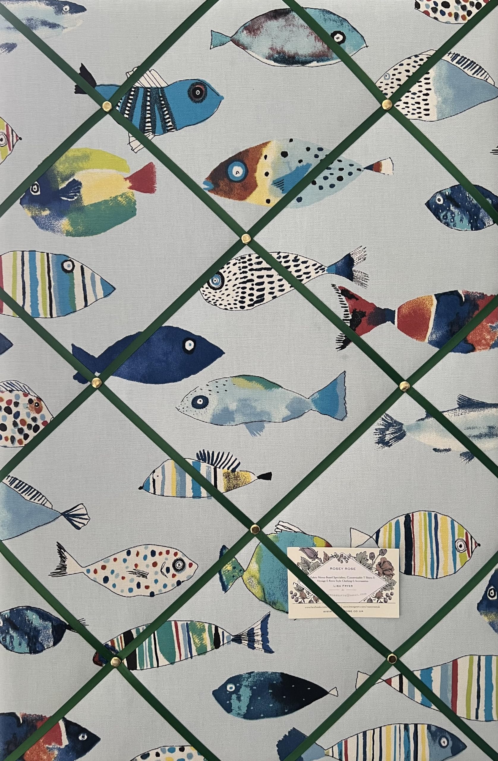 Custom Handmade Bespoke Fabric Pin Memo Notice Photo Cork Memo Board with Prestigious Gone Fishing Fish Ocean with Your Choice of Sizes & Ribbons