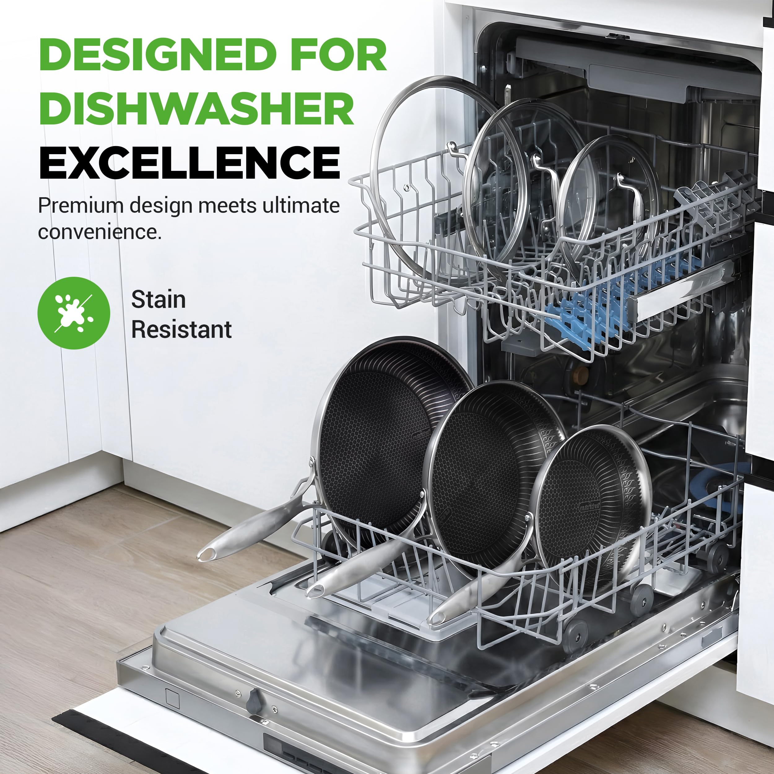 NutriChef Zestaw 6 patelni ze stali nierdzewnej Tri-Ply – Patelnia nieprzywierająca 8", 10", 12" z pokrywkami, odpowiednia do indukcji, odporna na wysoką temperaturę, odporna na zarysowania