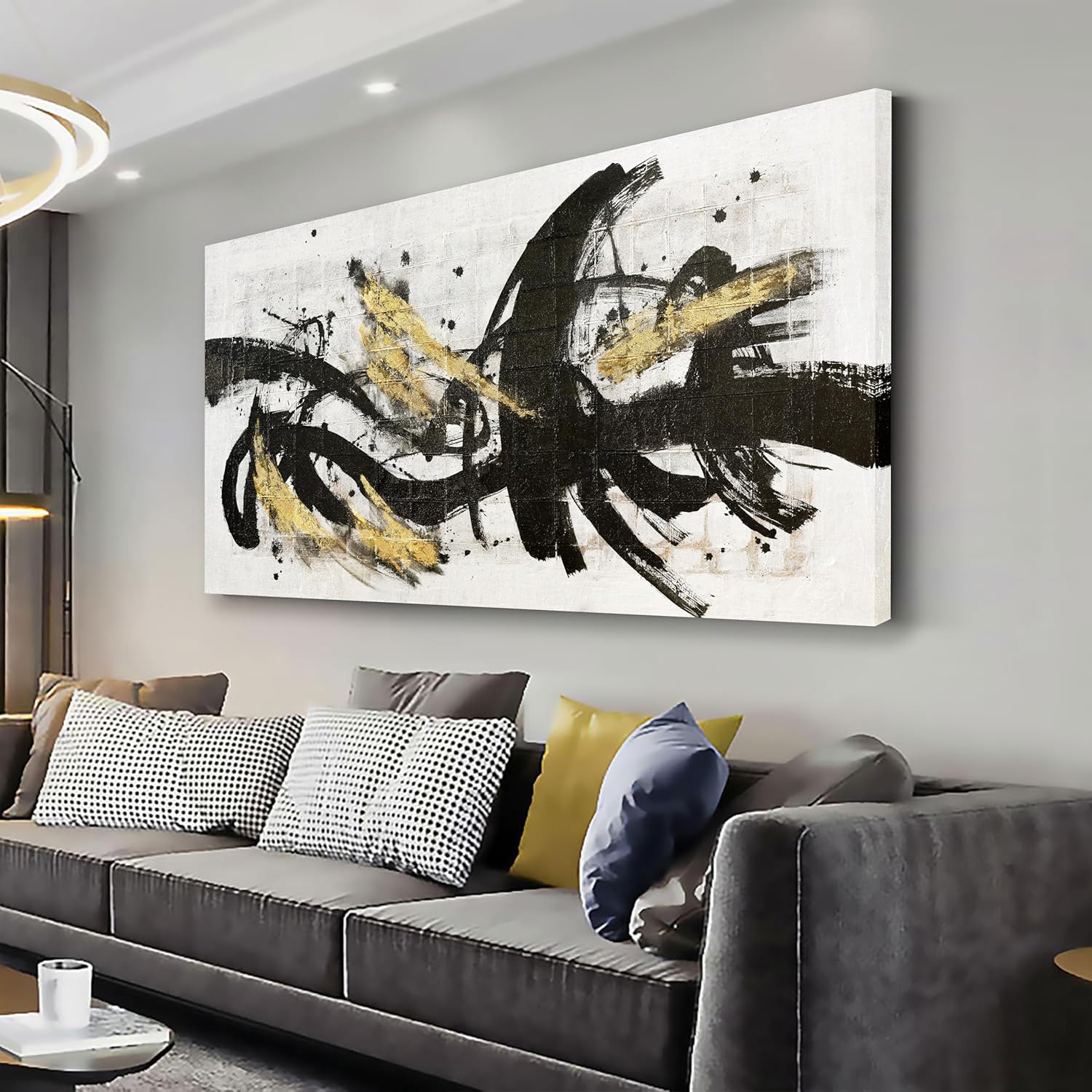 Abstract Wall Art Black Gold Splash-ink painting Abstract Canvas Wall Decor Framed Artwork Modern Home Wall Decor for Living Room Bedroom Office 29"x58" 58"L x 29"W Black
