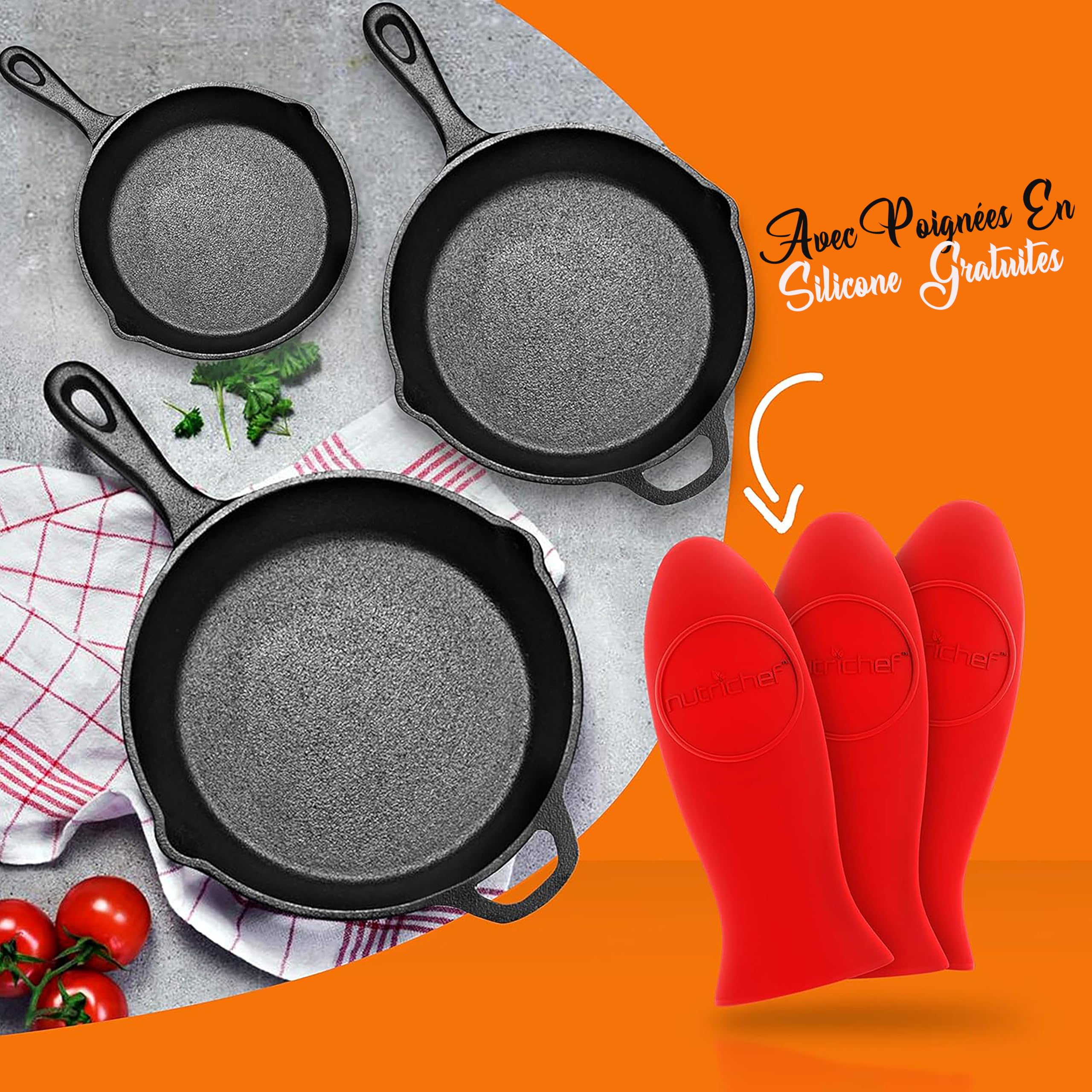 NutriChef Poêles en Fonte Induction 3 Pièces – Set de Poêles à Frire Pré-Assaisonnées avec Culottage, Tous Feux, Becs Verseurs, Poignées Silicone, Four 260 °C, 20, 25 et 30 cm, Noir