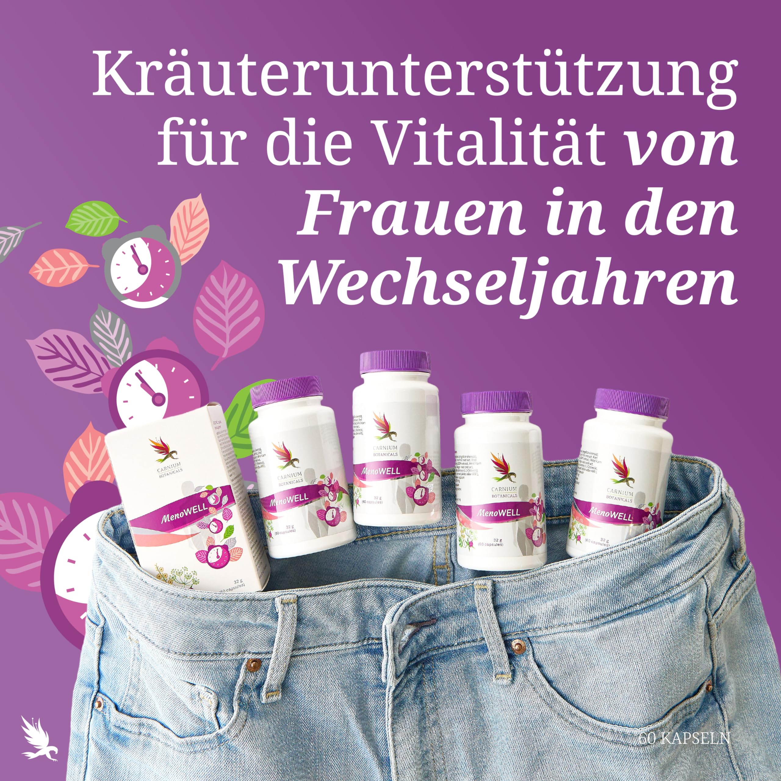 Carnium Botanicals MenoWELL – Wechseljahre Kapseln, 60 Stück | Mönchspfeffer, Rotklee, Yamswurzel, Natürlicher Komplex für Frauen