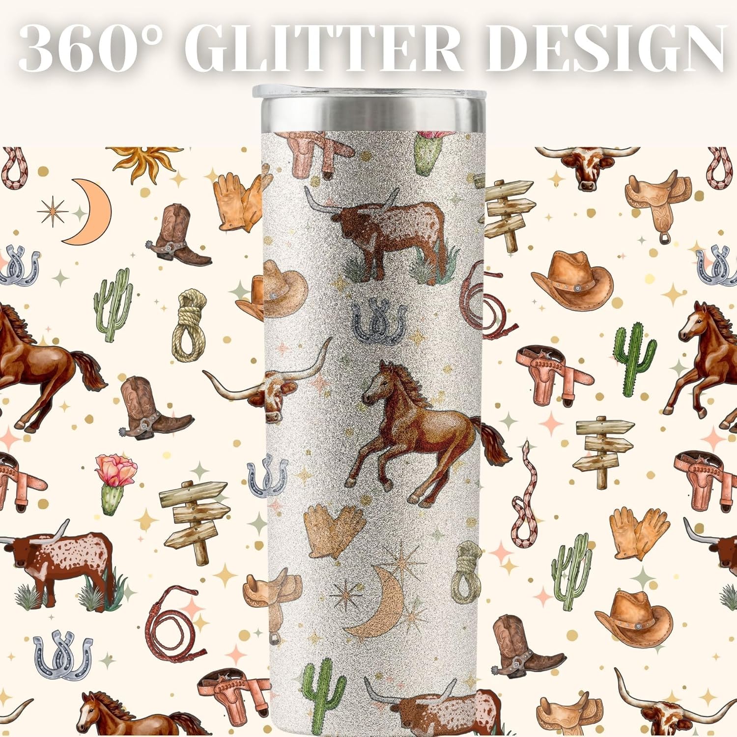 Onebttl Western Gifts For Women Men, Stainless Steel 20OZ Tumbler with Lid and Straw for Christmas, Thanksgiving, Birthday - Pattern - Glitter - Image 2