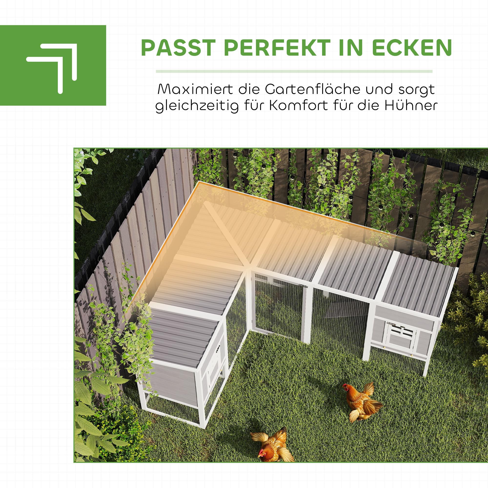 PawHut Pollaio in legno a forma d'angolo 99"L con recinto grigio | 2 case, pollaio esterno, tetto impermeabile, rampe, giardino