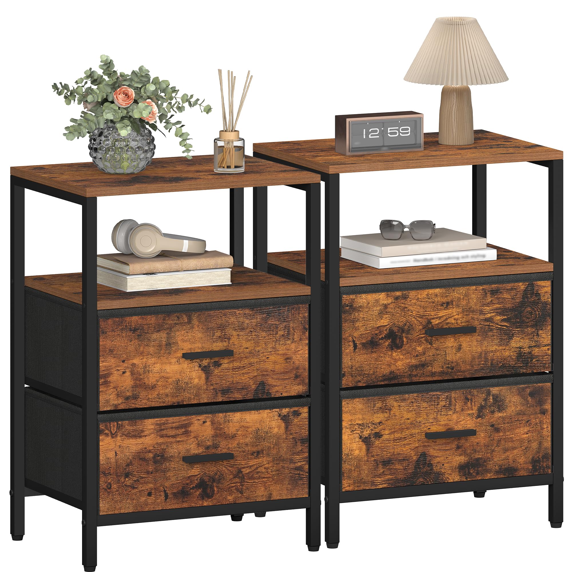 Hzuaneri Bedside Table Set of 2, Side End Table with 2 Fabric Storage Drawers, Bedside Cabinet with Open Storage Shelf, Nightstand for Bedroom, Livingroom, Office, Rustic Brown NS30701B โ image 1