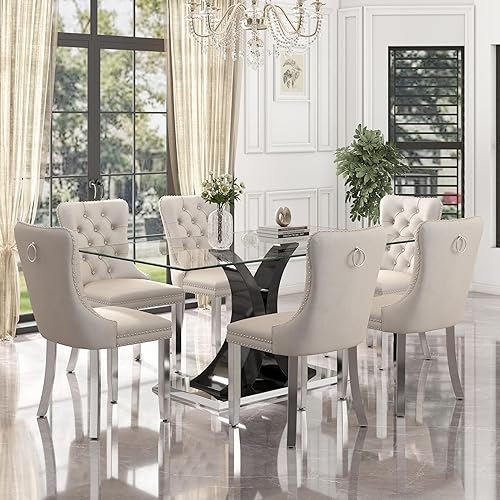 Miniatura 46 de Juego de mesa de comedor moderno de vidrio para 4, mesa de 160 cm de vidrio templado con base dorada estética y 4 sillas de comedor lujosas azules y