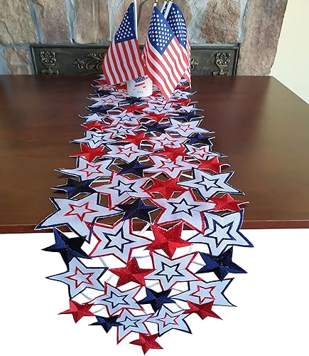 GRANDDECO Caminos de mesa patrióticos navideños, bordado con estrellas azules y rojas para el Día de la Independencia estadounidense, decoración de