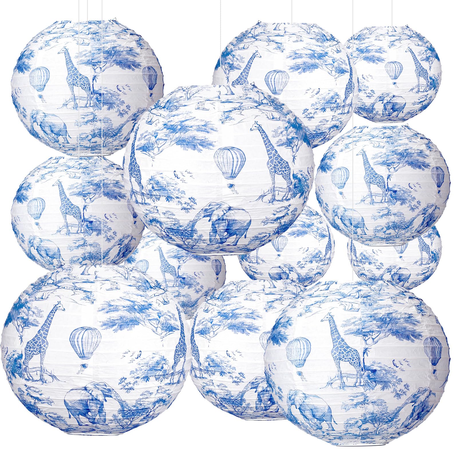 Retisee 12 Pcs 10'' Blue Safari Toile De Jouy Paper Lantern Party Supplies