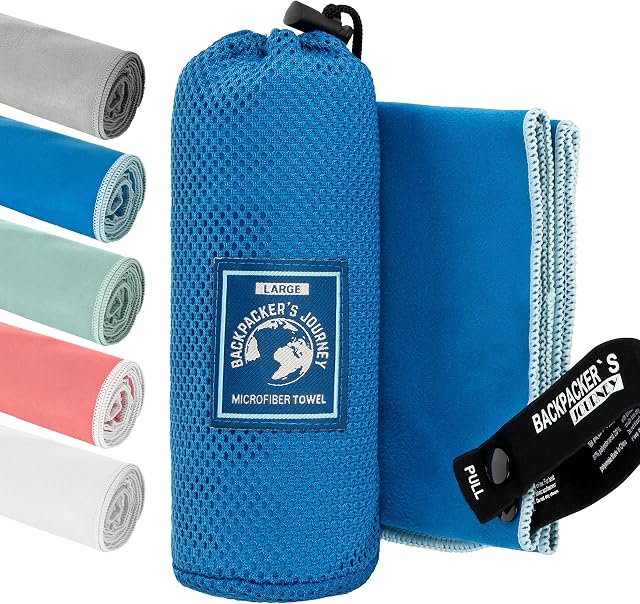Backpacker's Journey Ręczniki z mikrofibry S M L XL. Zestaw ręczników podróżnych, lekkie, szybkoschnące, chłonne i antybakteryjne (niebieskie L&M)