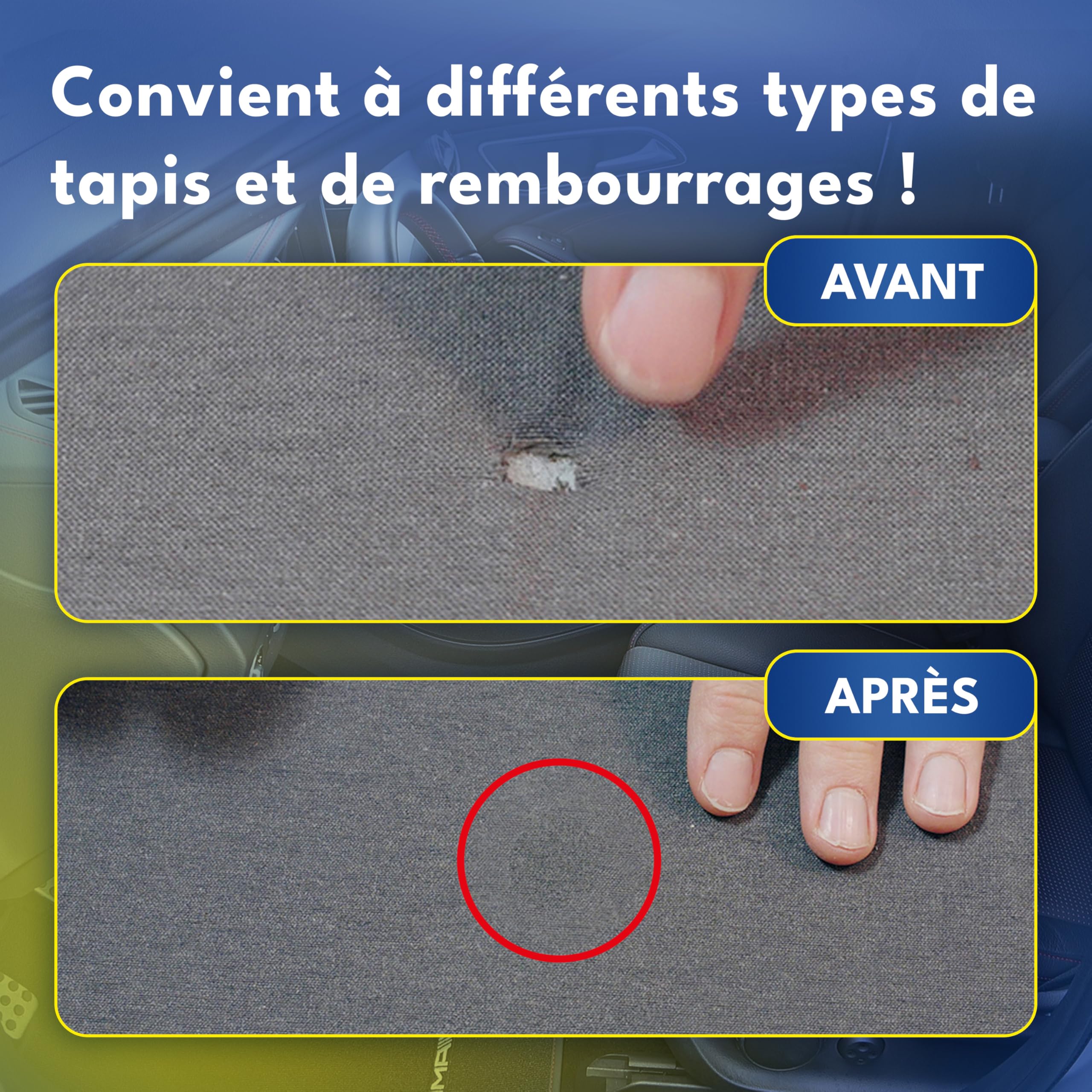 ATG®Kit Réparation Tissu Voiture – Réparation siège Auto, canapé, Sofa et Textiles, Trou Tissu, brûlures et Fissures – Kit réparation Textile intérieur, 13 pièces