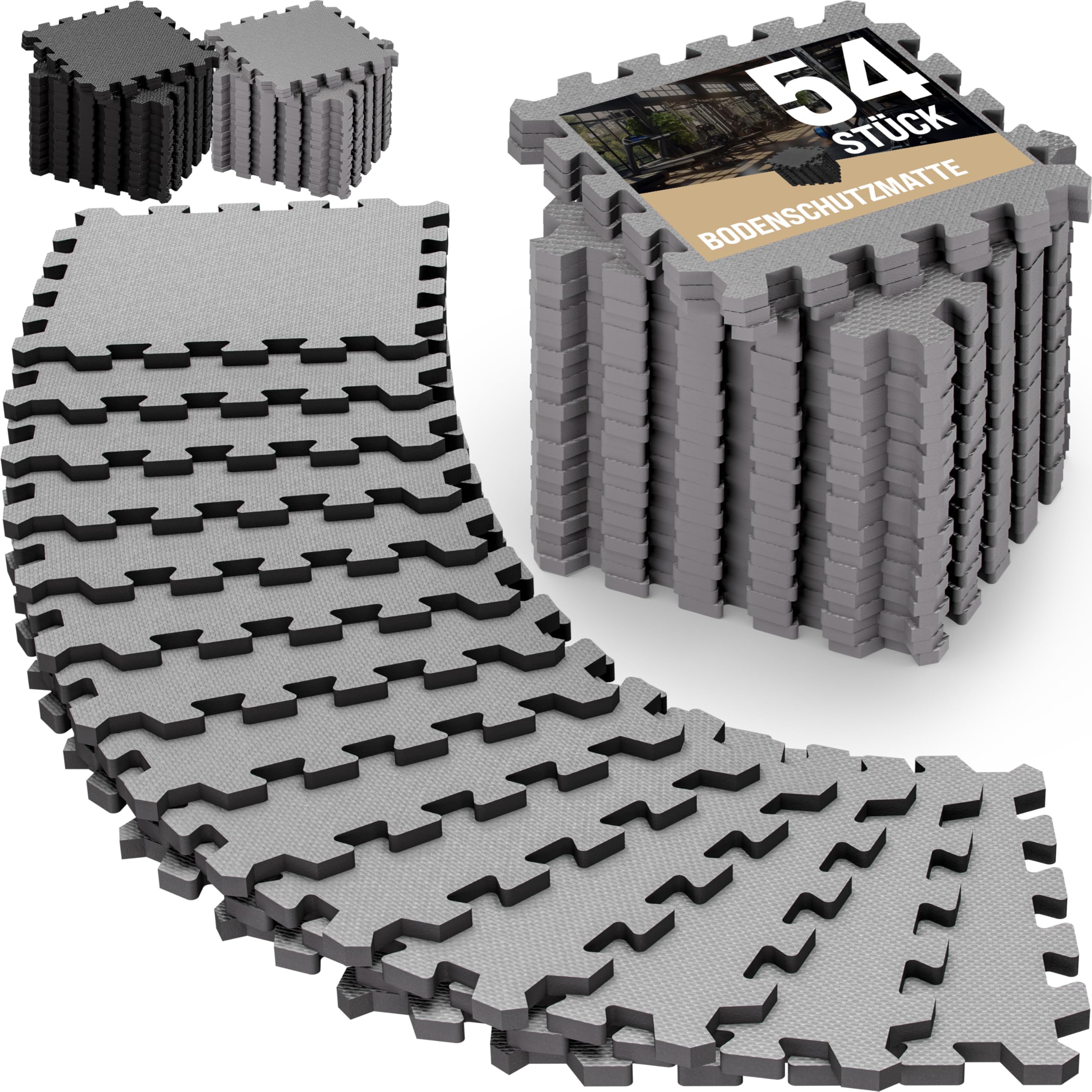 MONZANA® 54x Fitness Floor Protection Mats with Edge Pieces | 30x30cm Non-Slip EVA Foam Puzzle Mat | Training Mats Fitness Equipment 4.6m² | 54pc Grey