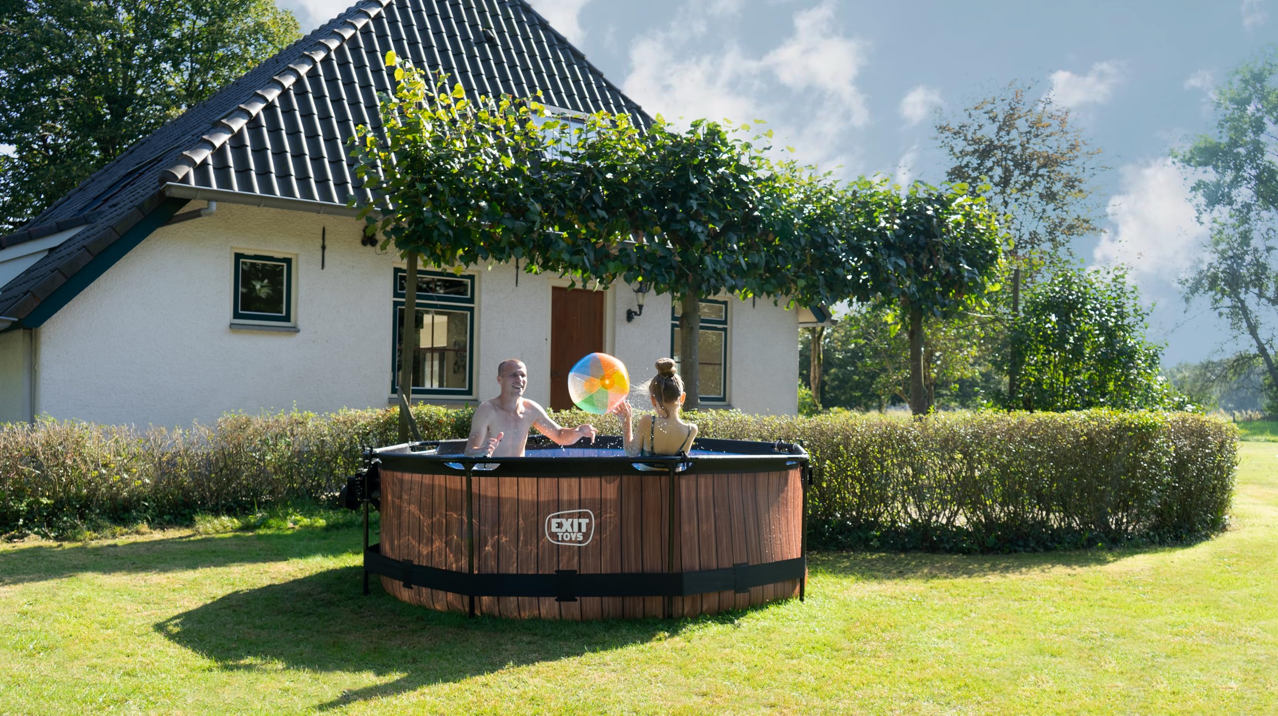 EXIT Toys Aufstellpool Rund 244x76 cm mit Filterpumpe – Gartenpool für Kinder Geeignet – Stahlrahmen – TÜV, CE, EN 16582 – Wood – Braun
