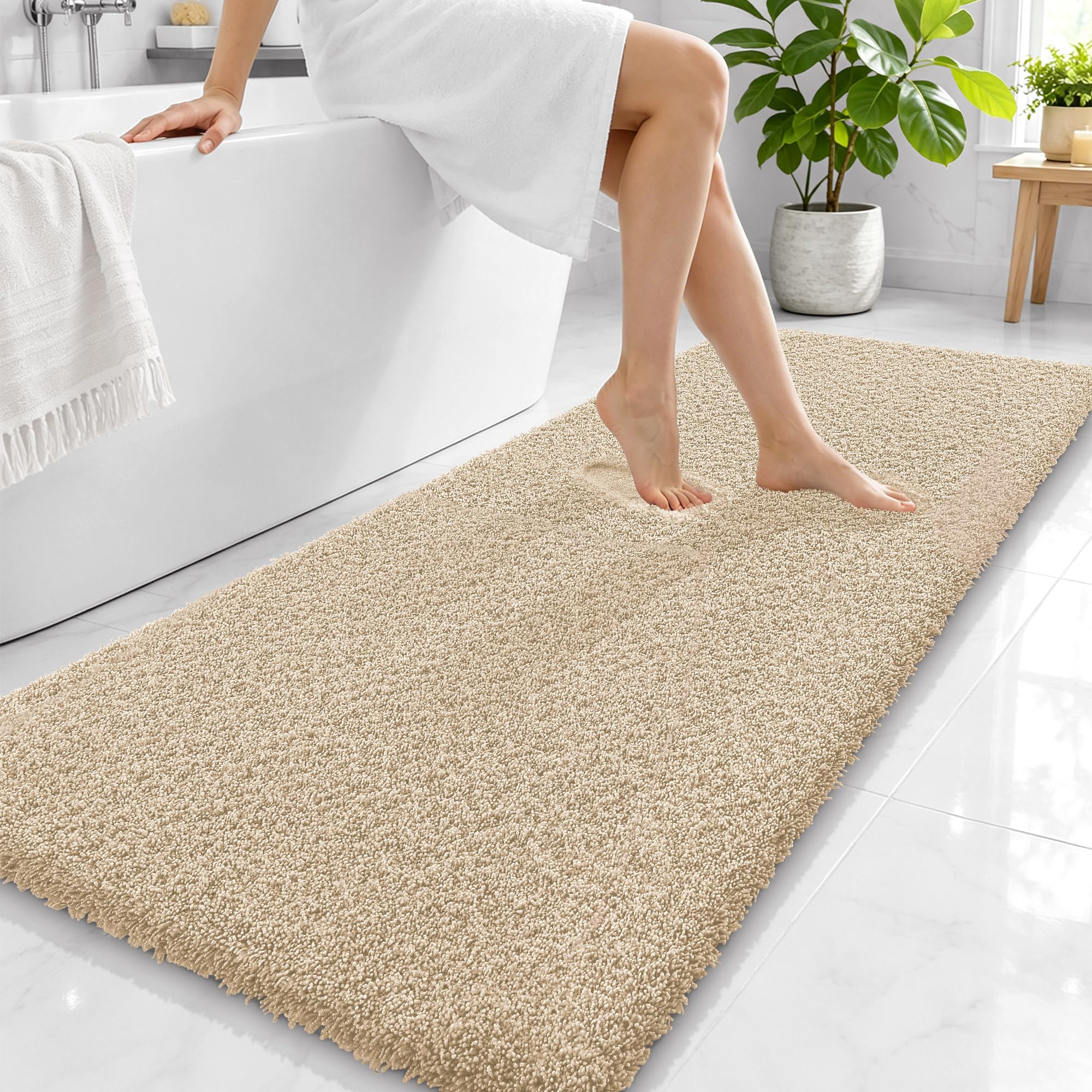 OLANLY Microfiber Bathroom Runner Rugs 59x24, Soft Absorbent Bath Mat, Sand