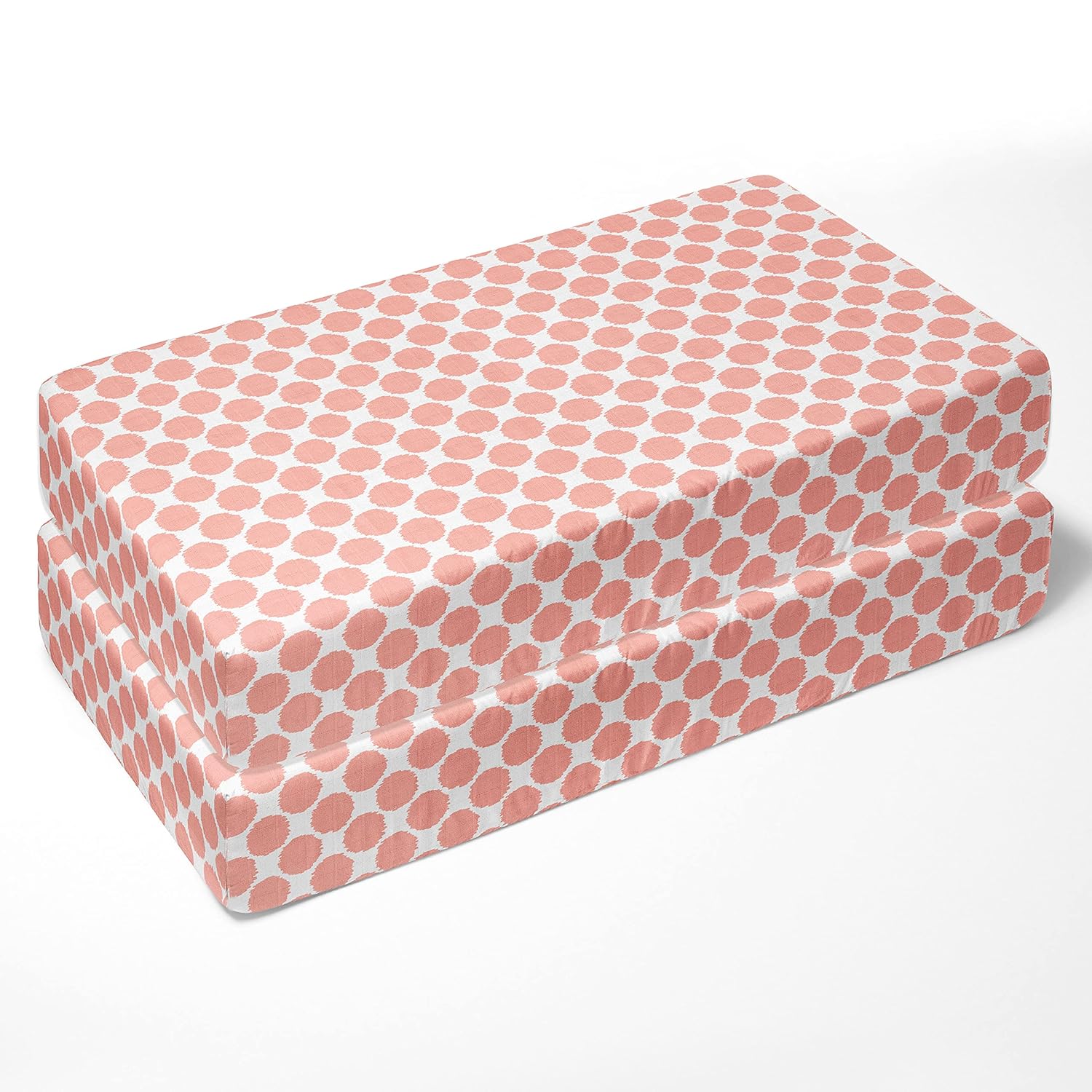 Bacati - 2 Pack Girls Essentials Classic Super Soft Breathable 100% Cotton Muslin Baby Crib Fitted Sheets - Fits Standard 28 x 52 x 5 Crib & Toddler Mattresses (Ikat Dots Coral)