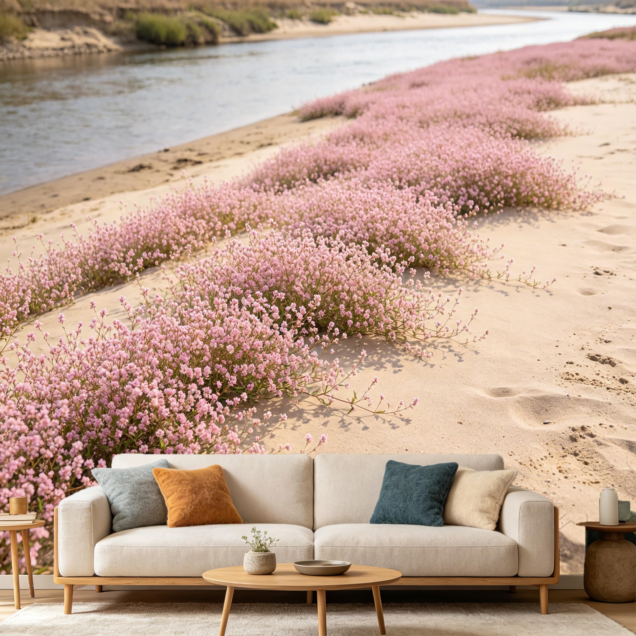 Custom Size Wall Mural Pink Wildflower Beach Landscape Coastal Sand River Nature View SelfAdhesive Art Prints wall Fabric（No PVC） Removable Wallpaper Home Bedroom Decor