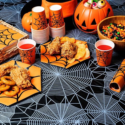Miniatura 3 de Confettiville Mantel de Halloween, paquete de 2 manteles desechables de Halloween, manteles de plástico de tela de araña, 54 x 108 pulgadas,