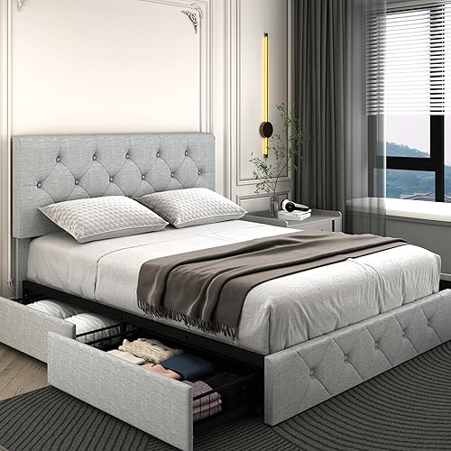 Wancla Queen Size Bed Frame Platform with 4 Storage Drawers, Adjustable Tufted Button Linen Headboard, No Need for a Box Spring, Wood Slat Support, Easy to Assemble, in Light Grey
