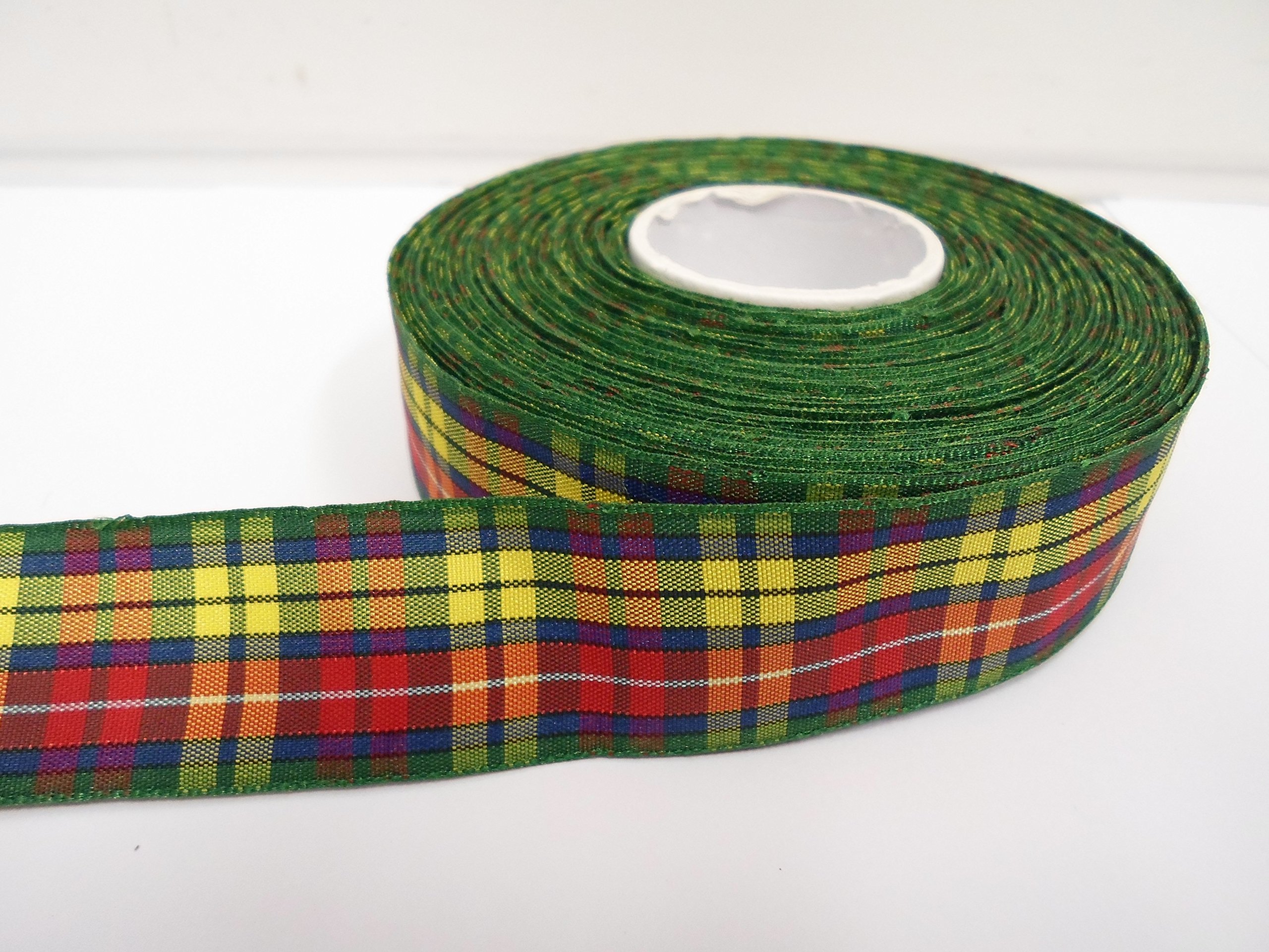 2 metres (Cut from Reel) x 25mm Tartan Ribbon Red Yellow & Green with White Stripe Double Sided BUCHANNAN 25 mm 2.5cm 1" 1 Inch