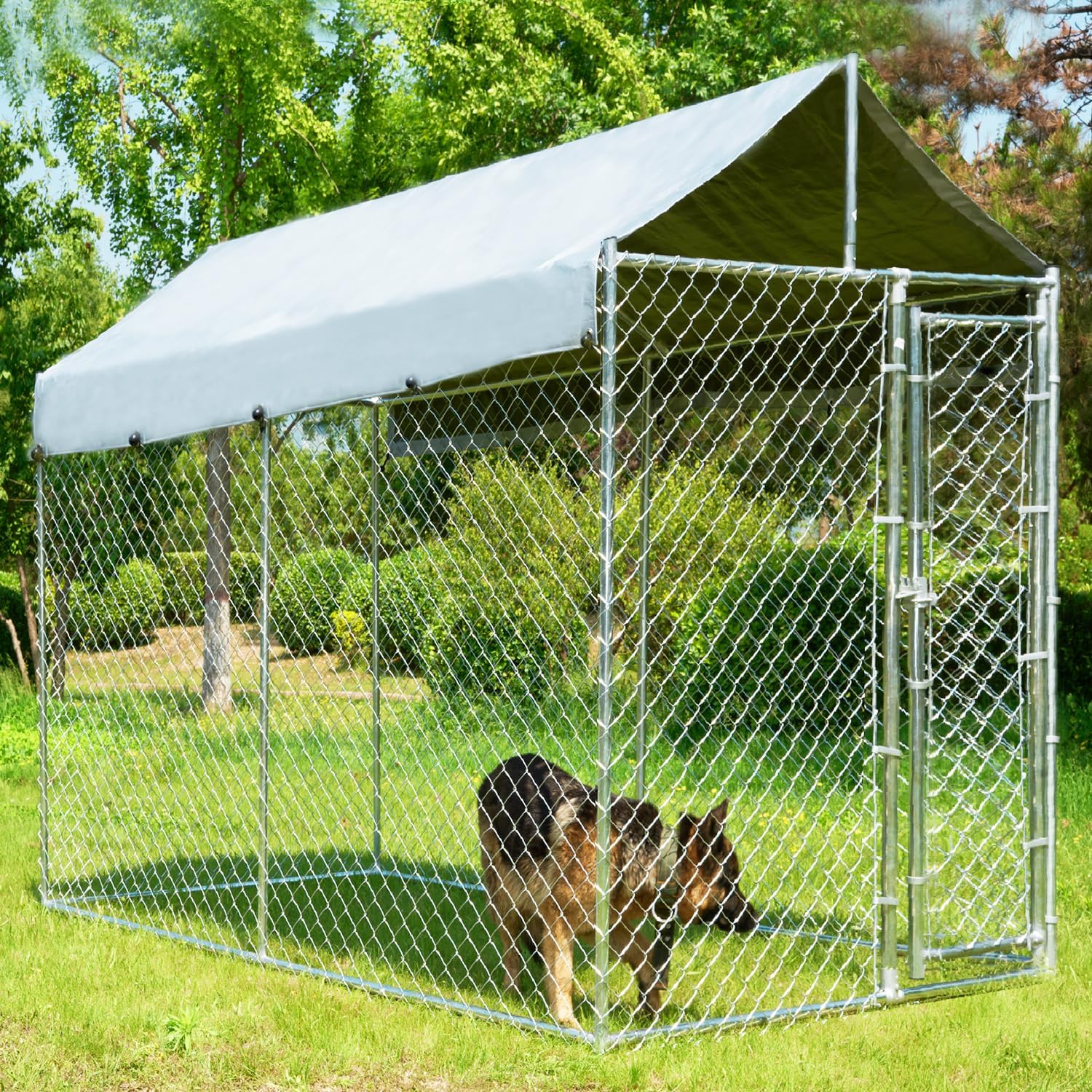 10x6x7.7ft Large Dog Kennel Outdoor, Heavy-Duty Outside Dog Kennel with Roof, Security Latch-Lock Door, Chain-Link Dog Enclosure Dog Run for Yard with Cover