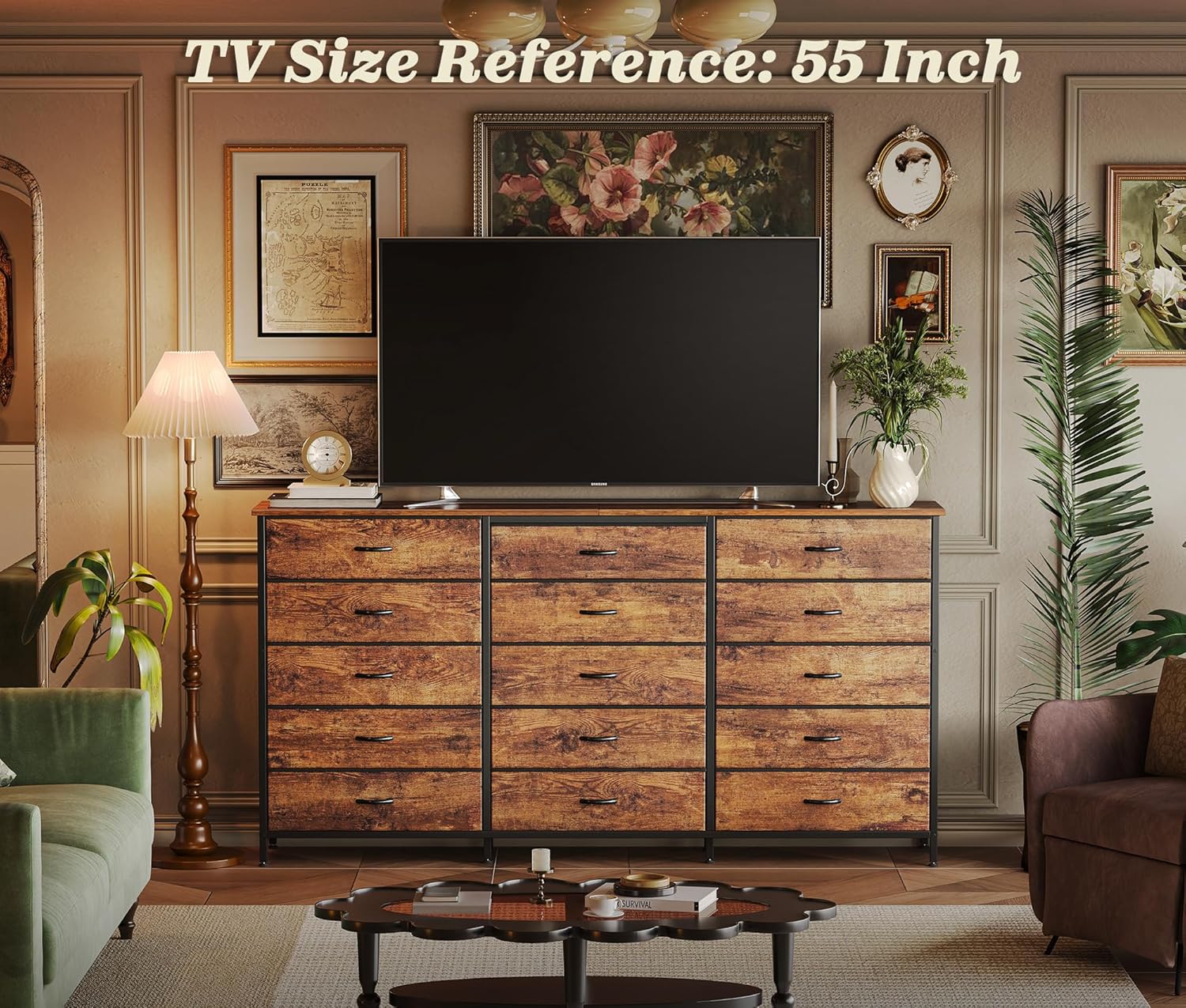 PRAISUN 63 Inch Long Dresser TV Stand for 65, 70 Inch TV, 15 Drawer Dresser for Closet, Bedroom, Large Fabric Drawers, Entryway Hallway Chest of Drawers, Wooden Top, Media Console, Rustic Brown