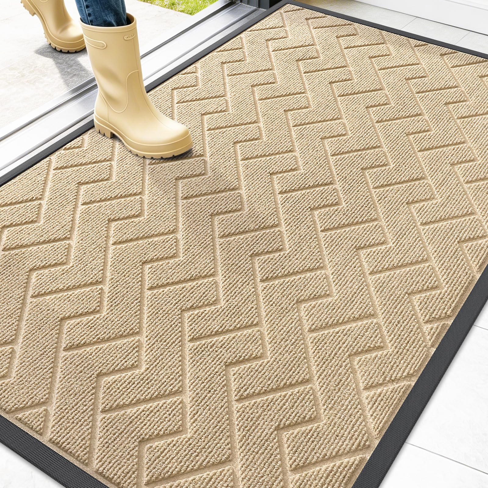 OLANLY Front Door Mat Outside 47x32, All-Season Absorbent Rubber Doormat | Beige, Heavy-Duty, Stain and Fade Resistant, Waterproof Non-Slip Backing, Low-Profile Indoor Outdoor Floor Mat for Entryway