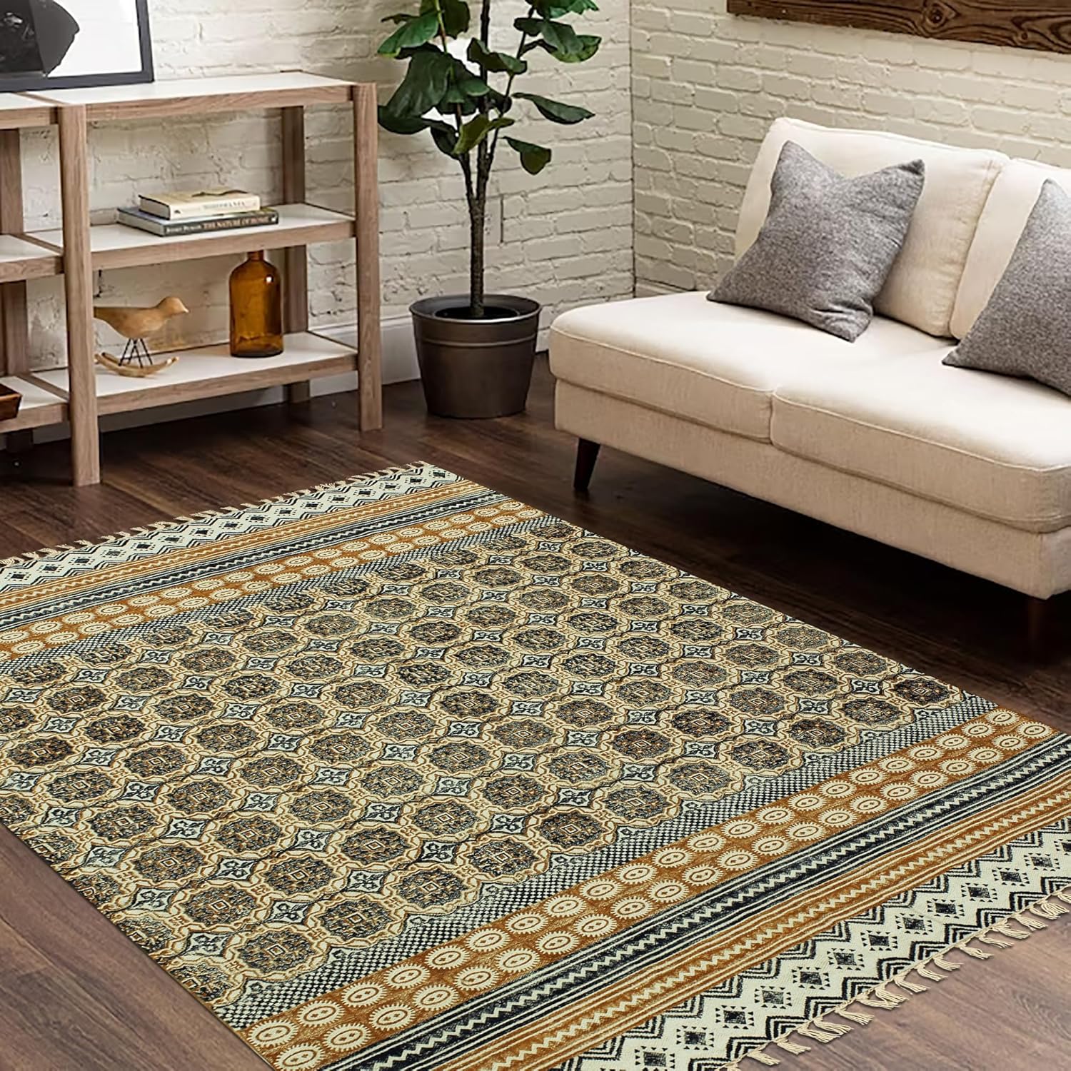 Kilim Rug 3x5 Area Rug Yellow & Black Cotton Dhurrie Geometric Thick 0.19 inches Stone Flatweave Rug Easy Washable Rug Hand Wash Cotton Carpet Indoor Outdoor Rugs for Kitchen, Bedside, Enterway