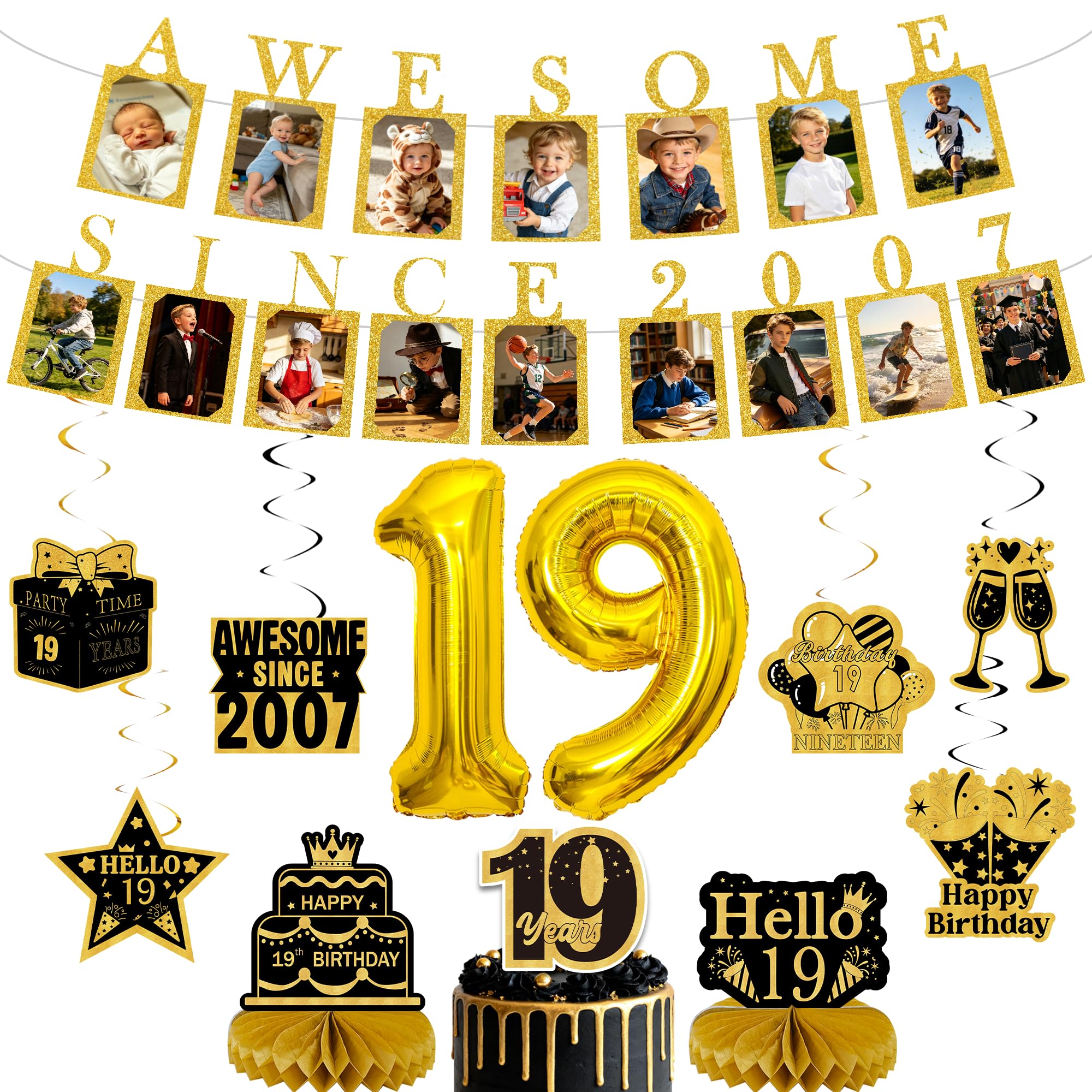 Happy 19th Birthday Banner Decorations, Gold Photo Banners Set