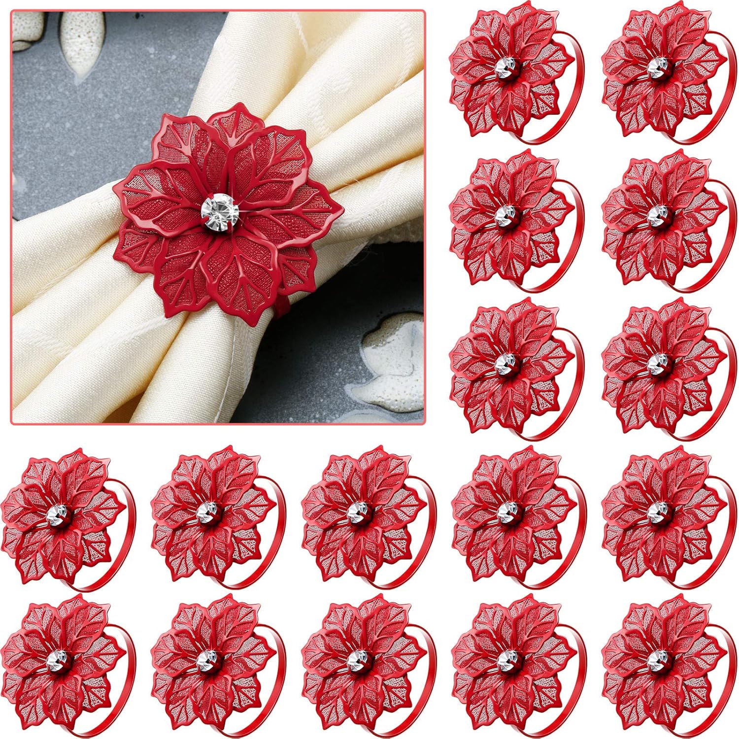 24 Pack Napkin Rings Alloy Hollow Out Flower Ring Napkin Holder Adornment Exquisite Household Floral Rhinestone Napkins Rings Set for Wedding, Mother’s Day, Party Dinner Table Decor (Red) : Home & Kitchen