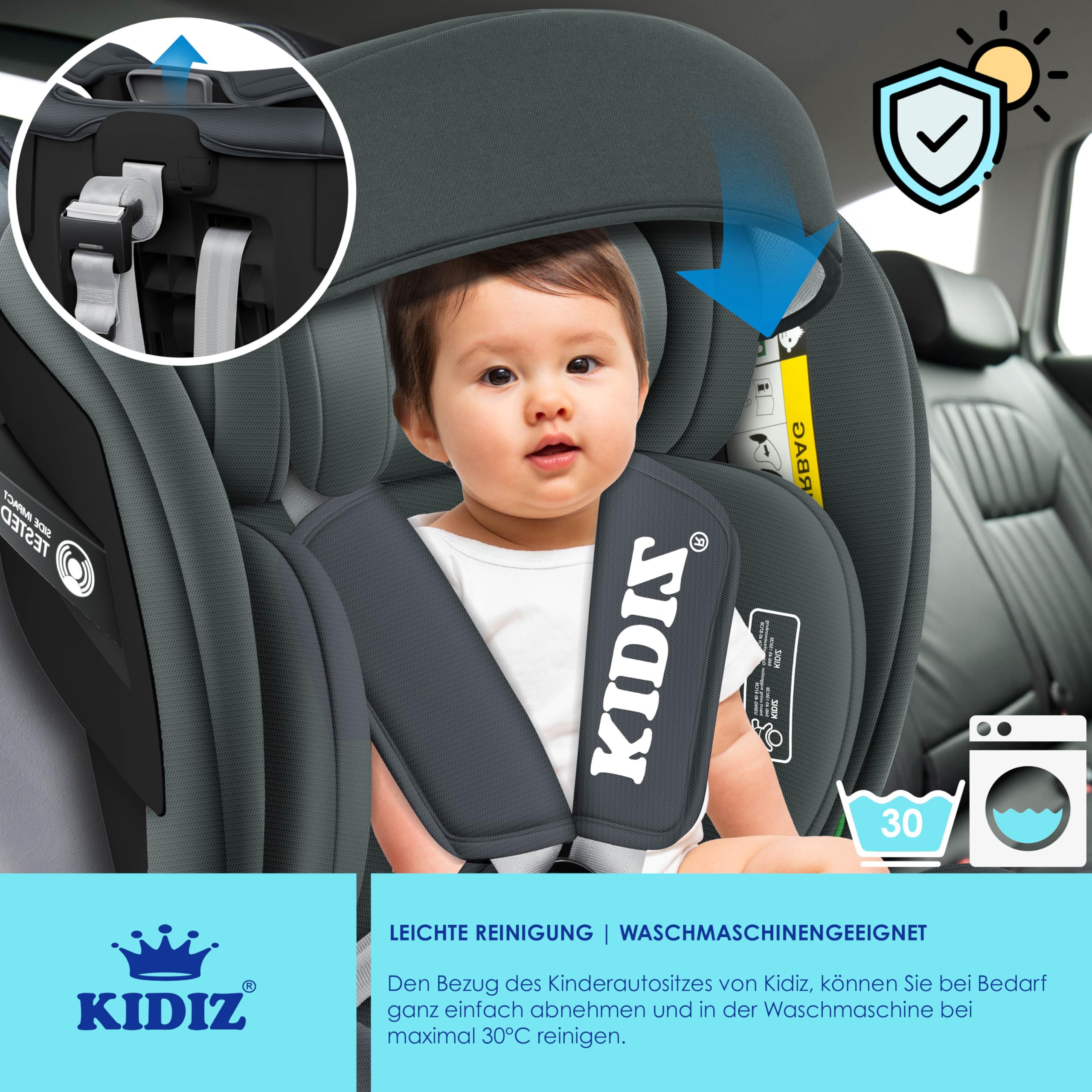 KIDIZ® Autokindersitz mit Isofix i-Size R129 100-150cm Gruppe 0/1/2/3 5-Punkt-Gurt höhenverstellbare Kopfstütze Anthrazit