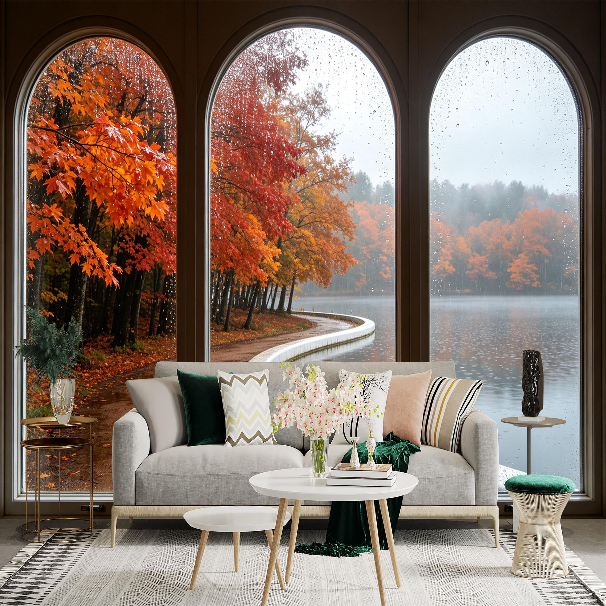 Custom Size Wall Sticker Mural， Rainy Window View， Autumn Forest with Vibrant Foliage and Misty Lake， for wall Decoration， peelandstick wall Decals.