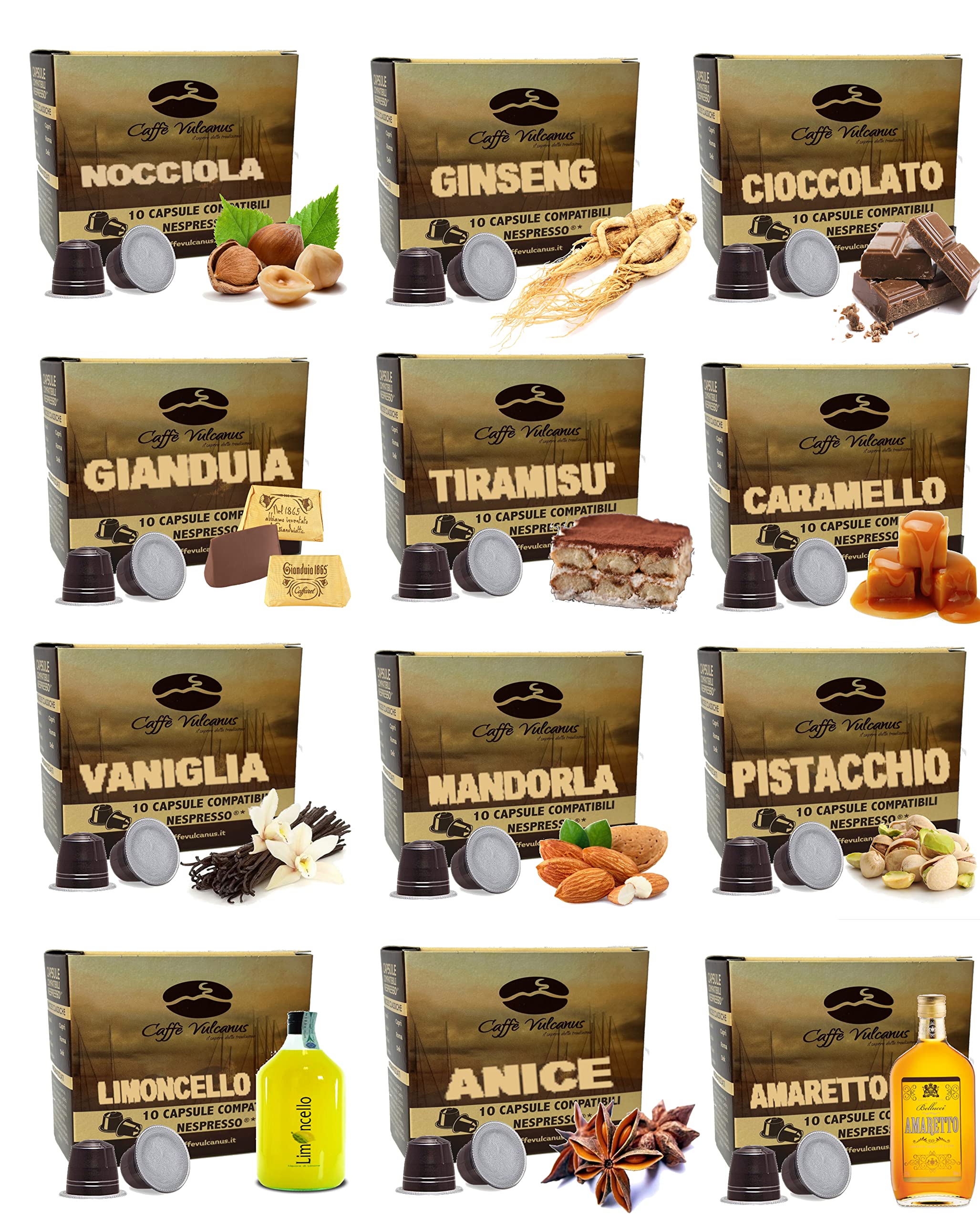 Caffé Vulcanus - Kit de Degustación de 120 Cápsulas Compatible Con Máquinas Nespresso®* para Uso Doméstico - 12 Sabores de Café