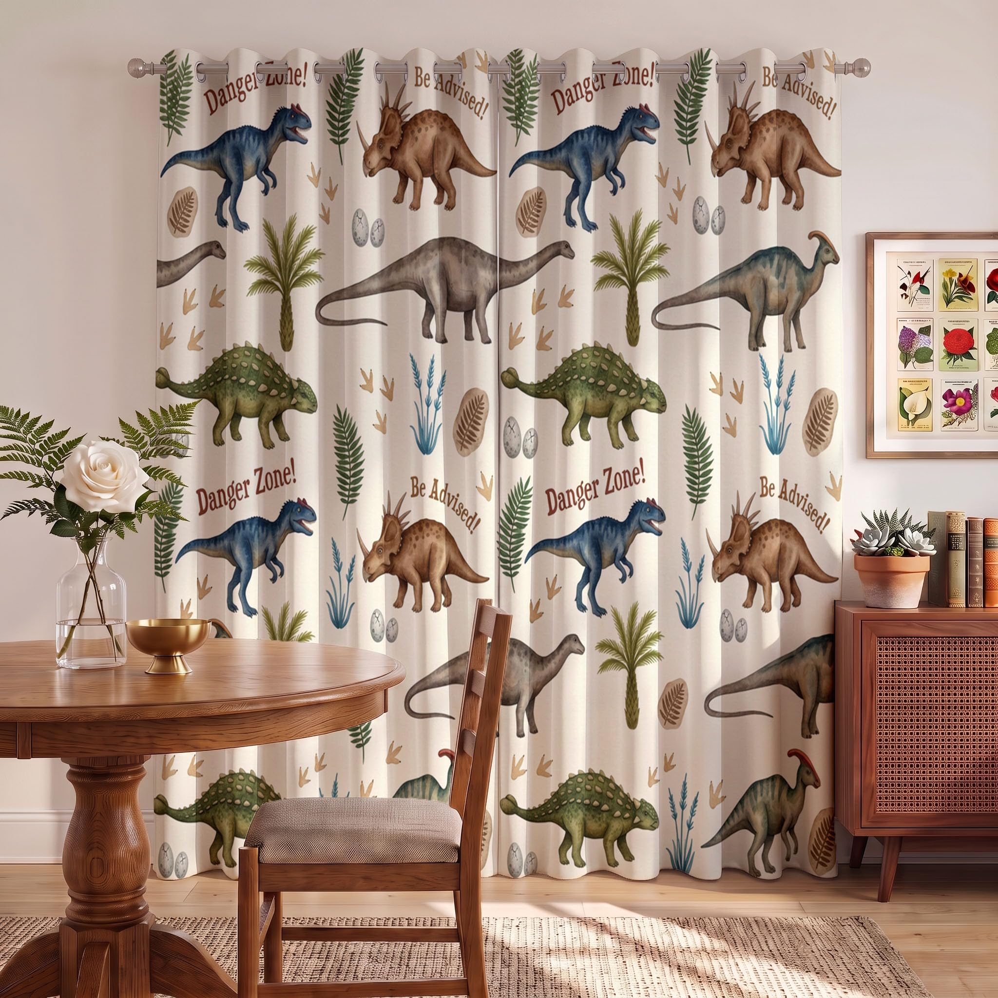 Dinosaure À L'Aquarelle Rideau - Thème Animalier Rideau Occultant Thermiques, L140×H240Cm (2 Panneaux) Rideaux À Oeillets pour Decoration Chambre Salon, Beige Marron