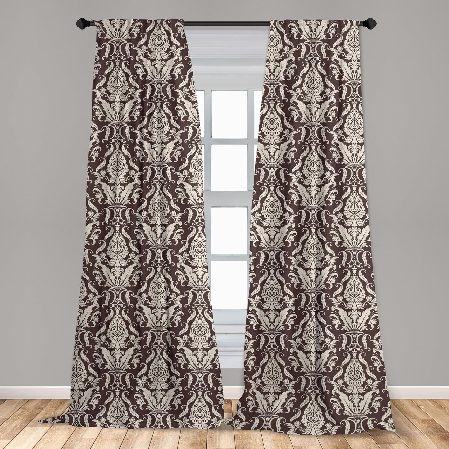 Ambesonne Damask Window Curtains, Wildflowers with Symmetric Leaves Vintage Arrangement Curls and Swirls Design, Lightweight Decor 2-Panel Set with Rod Pocket, Pair of - 28" x 63", Brown Cream
