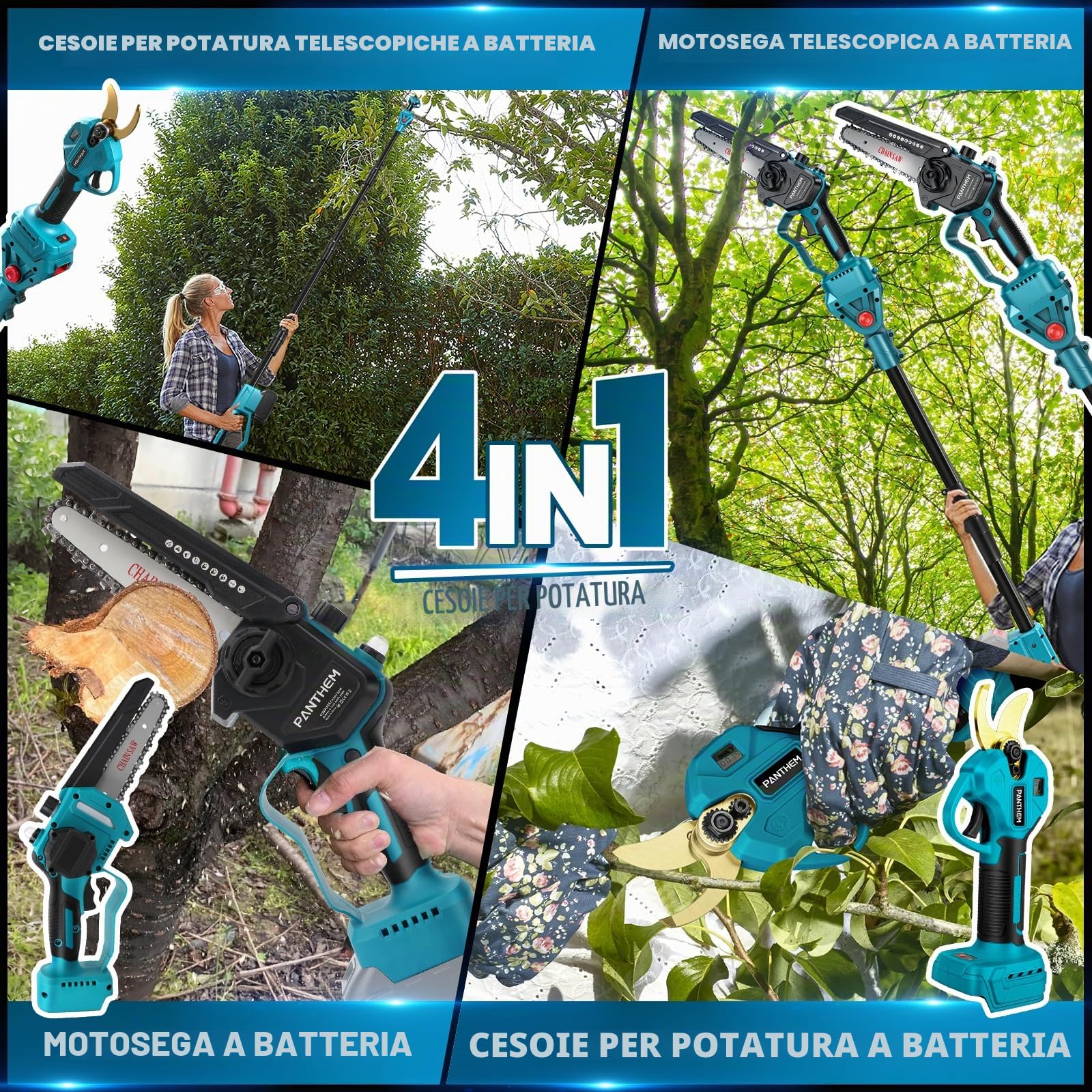 panthem 6 pollici motosega a batteria & 45mm Forbici Elettriche da Potatura con Asta Telescopica, 4 In-1 Kit Motosega e Forbici con 2 * 4000 mAh Batterie cesoie, motosega telescopica