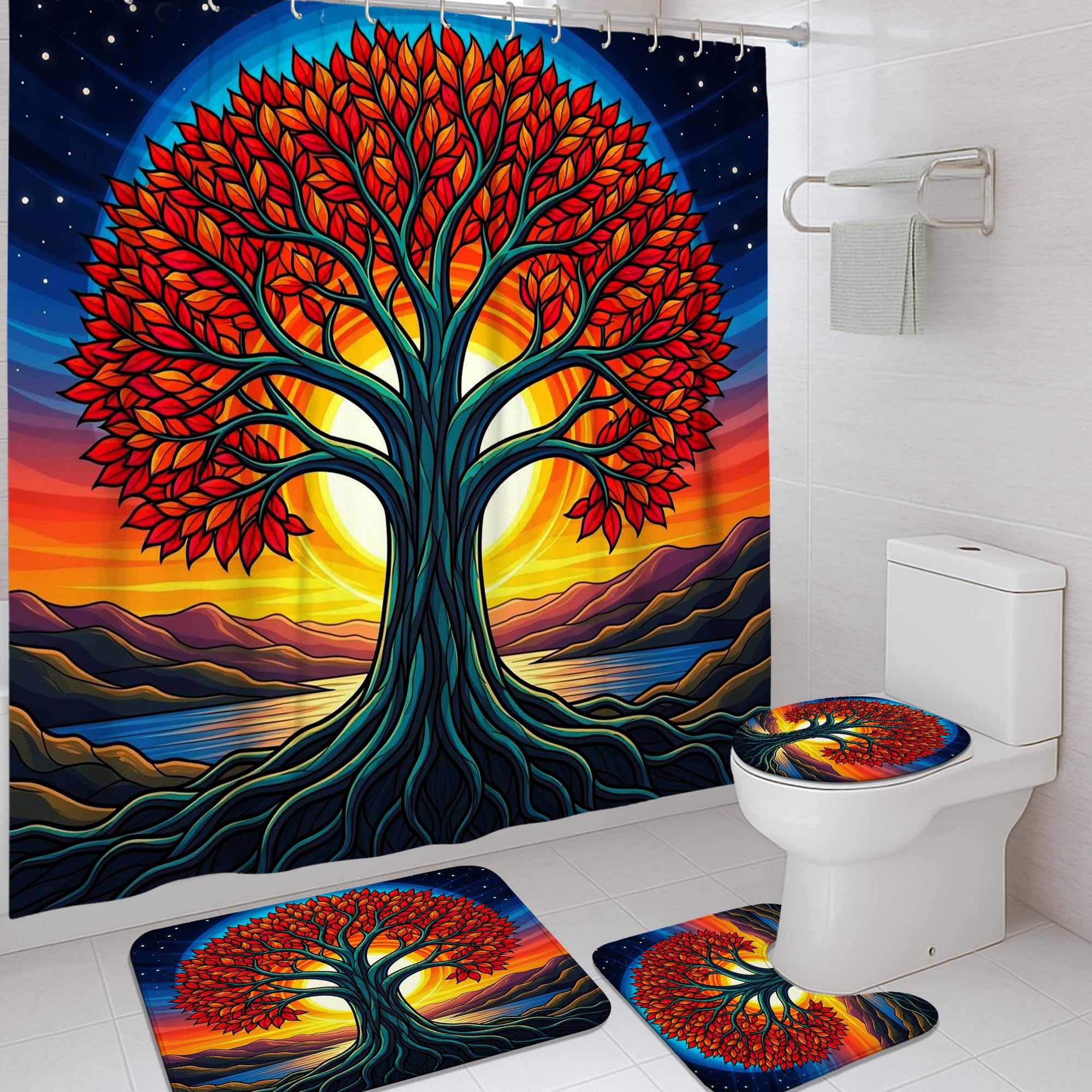 Rideau de douche artistique en tissu de haute qualité imprimé soleil d'automne
