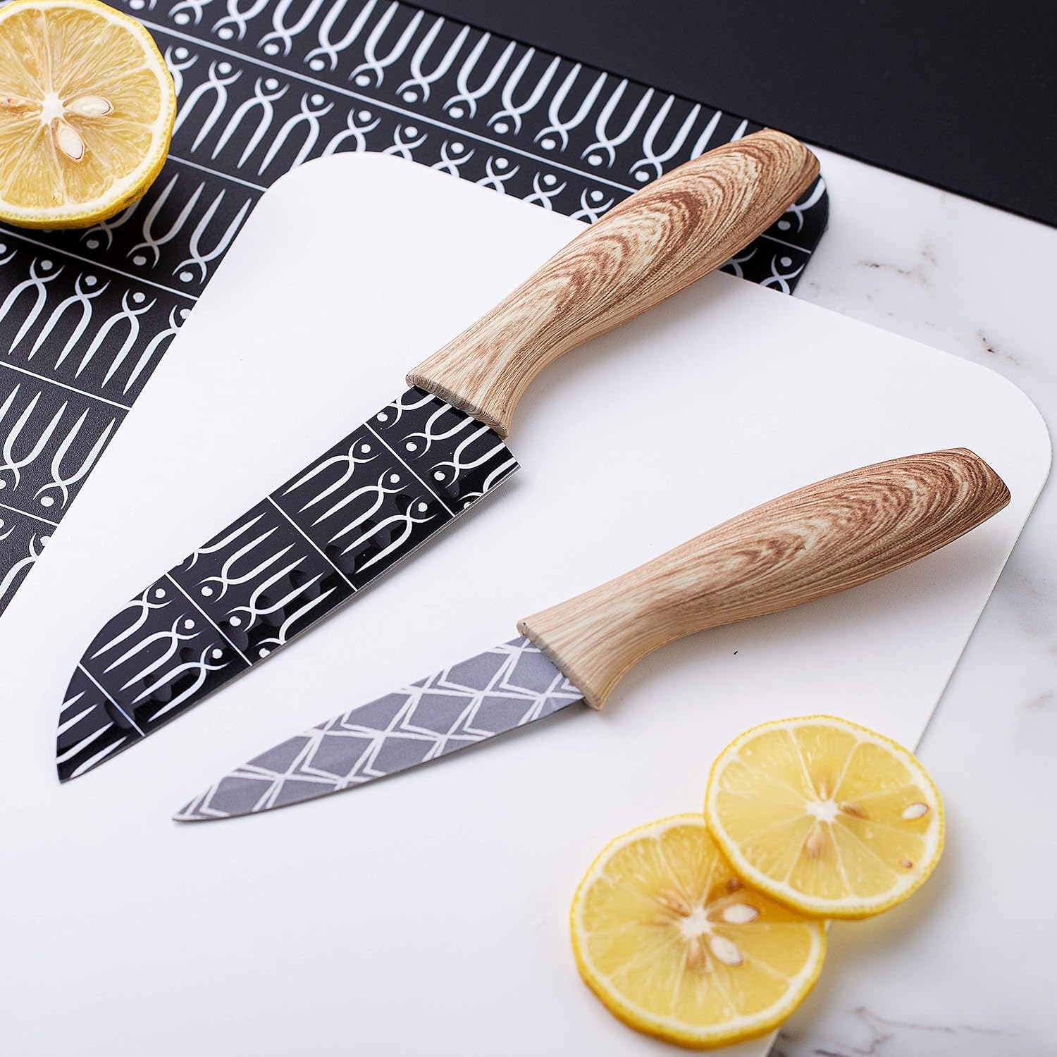 COOK WITH COLOR 6 Piece Kitchen Knives and Board Set - Includes 3 Knives and 3 Cutting Boards - (Black and White Collection)