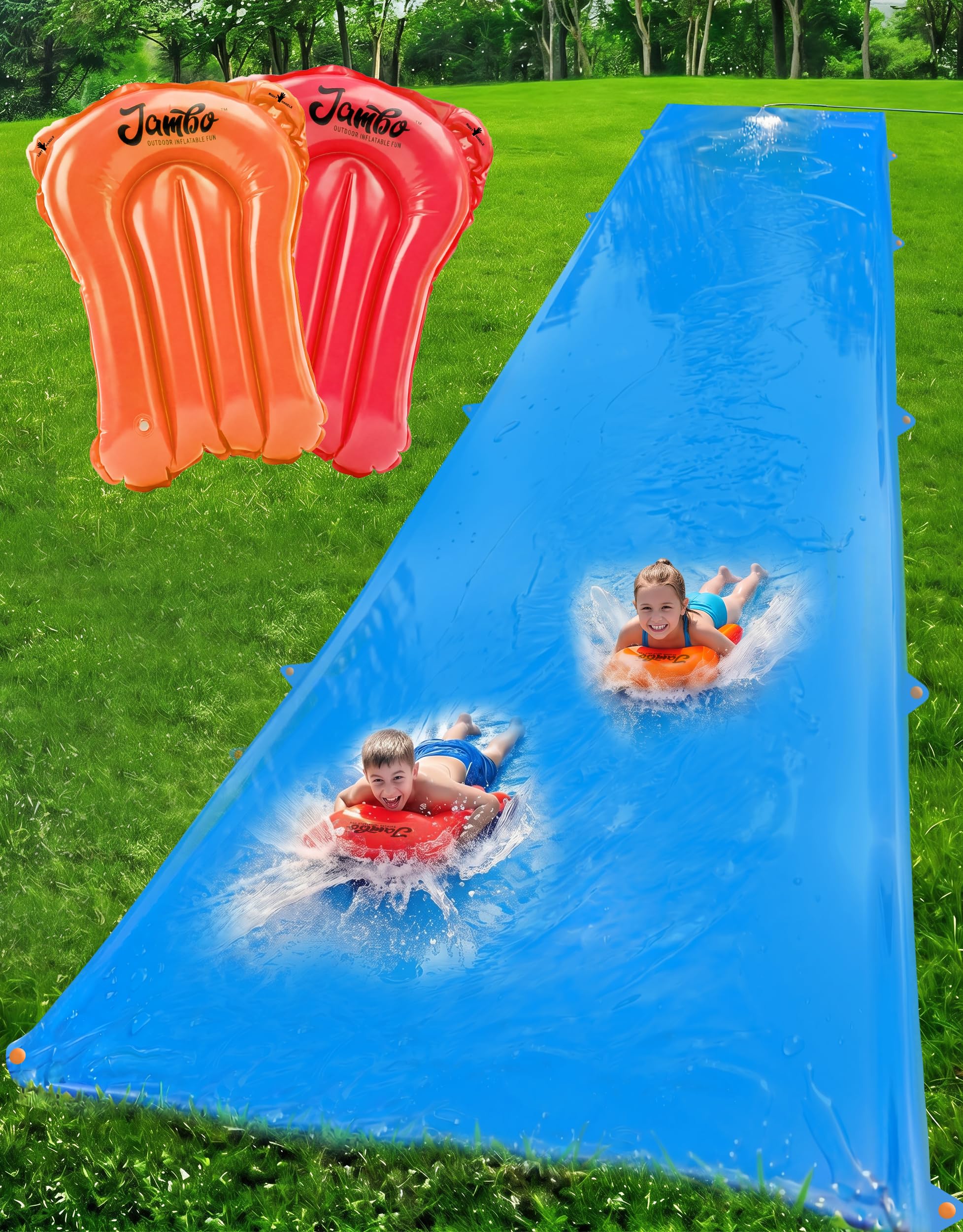 JAMBO XXL Mega-Wasserrutsche und 2 Bodyboard-Update-Modelle, extra lang, extra breit, Spritzschutz und Rutsche für Kinder, robuste Wasserrutsche für Hinterhof, Rasen, Outdoor-Wasserspielzeug