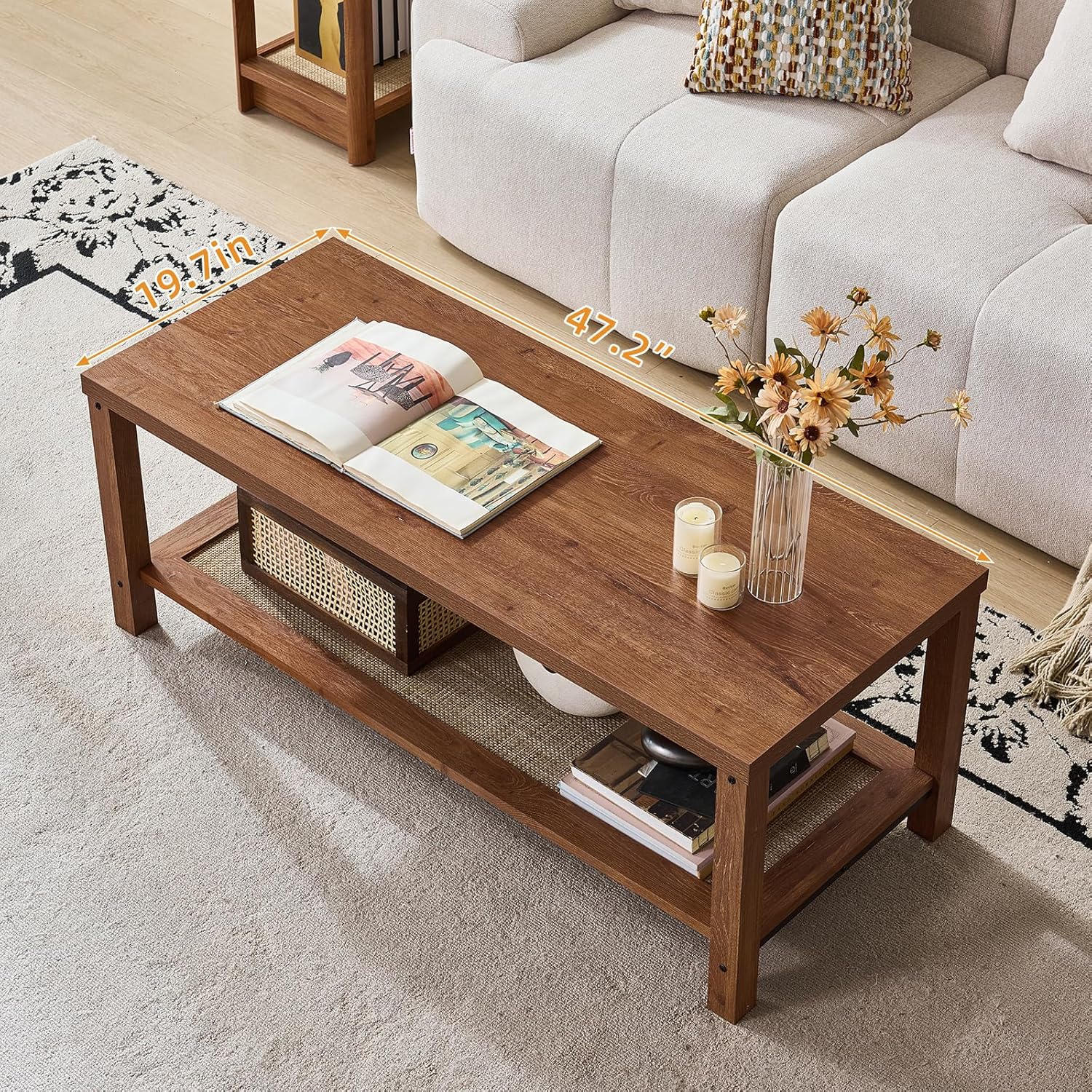 Lerliuo Boho Coffee Tables for Living Room, Rattan Center Table with Open Storage Shelf, Tea Brown