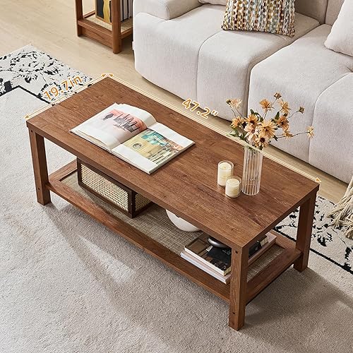 Miniatura 3 de Lerliuo Mesas de centro boho para sala de estar, mesa central de ratán con estante de almacenamiento abierto, color marrón té Marrón Té.,Madera