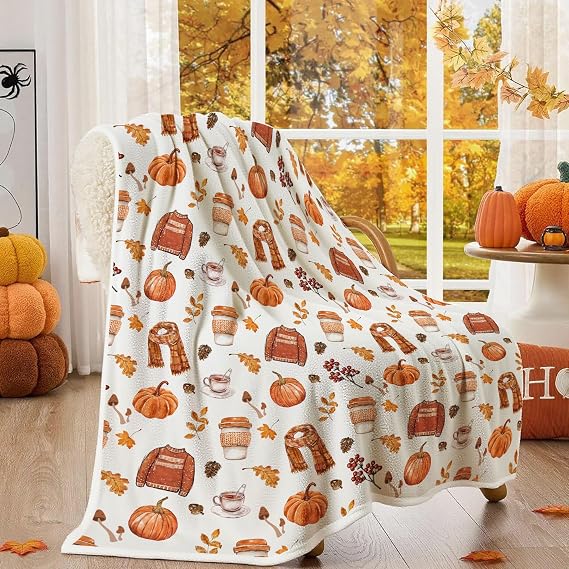 Fall Fleece Throw Blanket, Autumn Pumpkin Spice and Everything Nice with Books Wraps Coffees Lattes Pumpkins Pies Oversized, Soft Blanket for Couch,Cozy,Warm,Lightweight,50X60