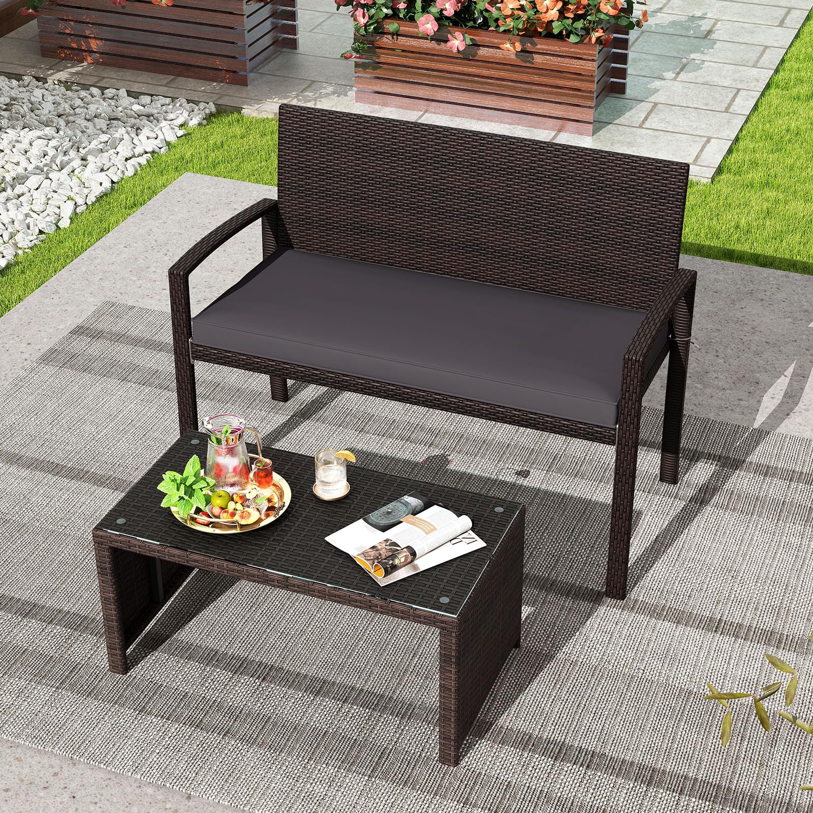 COSTWAY Panchina da Esterno in Rattan PE 110 x 56 x 84 cm, Panchina da Giardino con Morbido Cuscino, Schienale e Braccioli, Poltrona per Veranda, Balcone e Ingresso (Grigio)