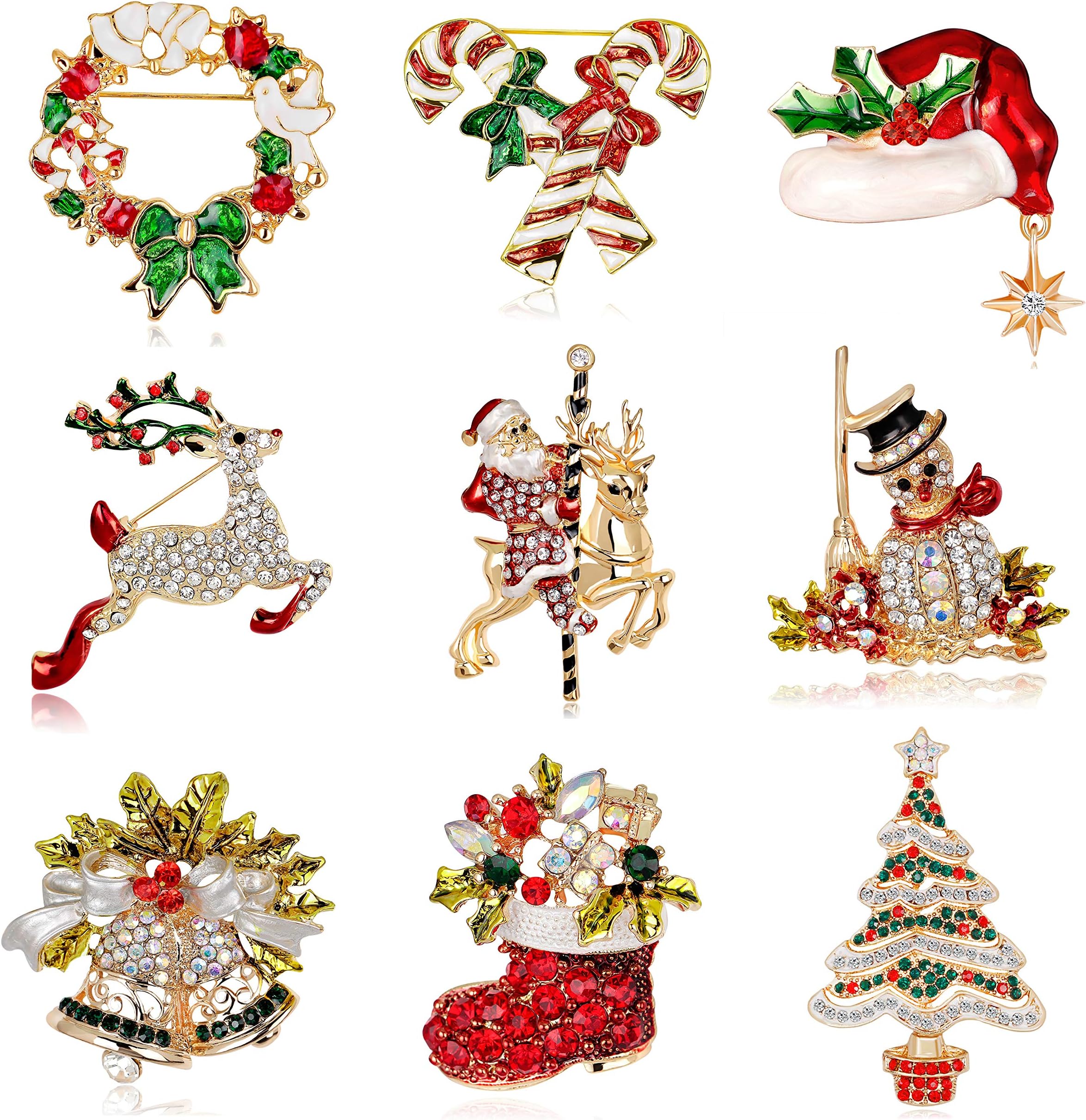 Fesciory9/10 Pieces Christmas Brooch Pins Set for Women, Multi-Colored Rhinestone Crystal Christmas Jewelry Gifts for Girls Including Christmas Tree, Santa Claus, Jingle Bells, Reindeer