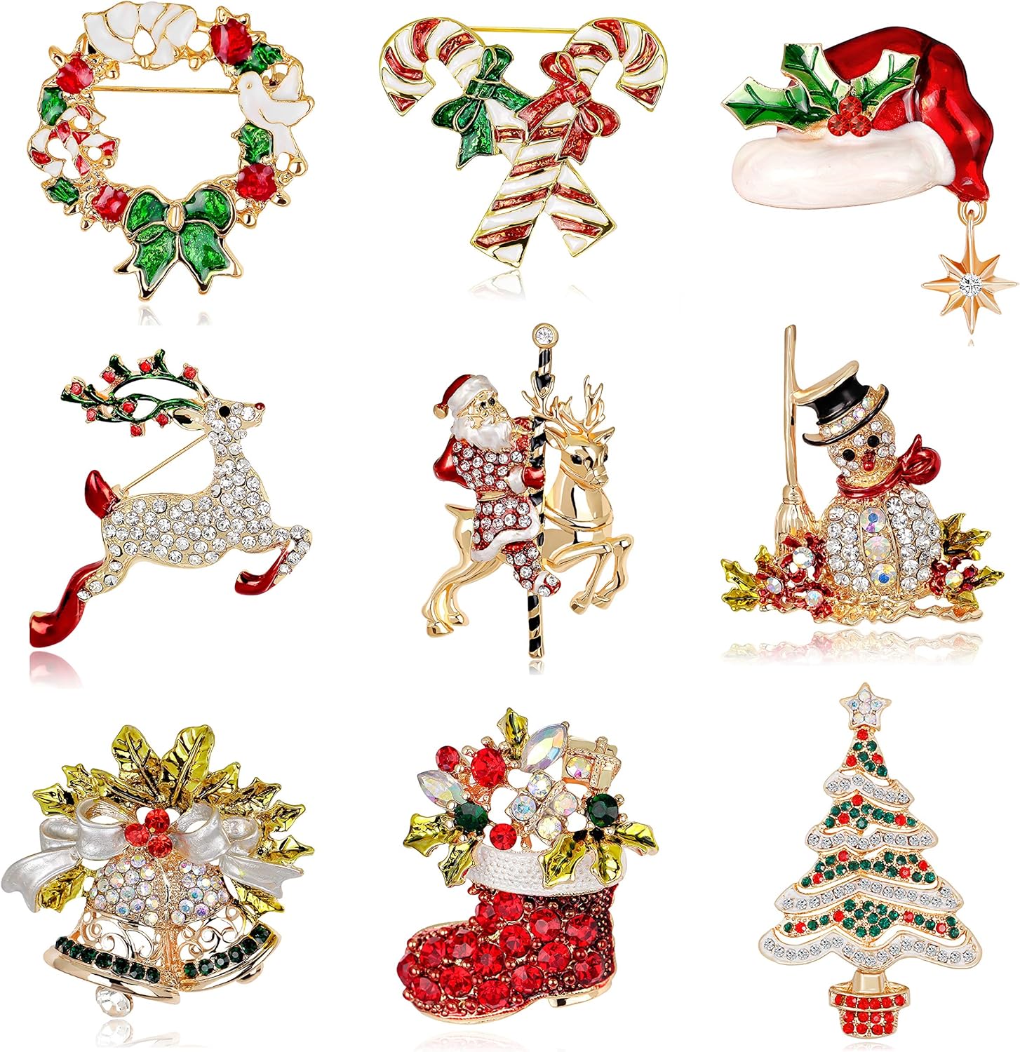 Fesciory 9/10 Pieces Christmas Brooch Pins Set for Women, Multi-Colored Rhinestone Crystal Christmas Jewelry Gifts for Girls Including Christmas Tree, Santa Claus, Jingle Bells, Reindeer: Clothing, Shoes & Jewelry