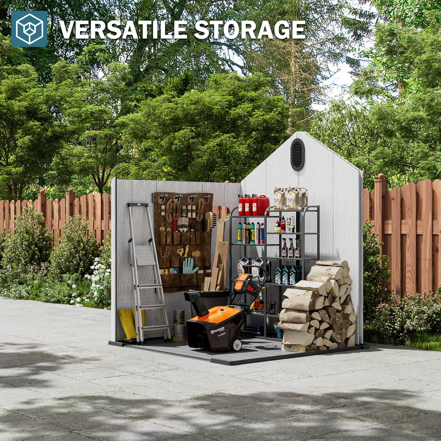 Interior view of the Amopatio storage shed showing shelves and various stored items