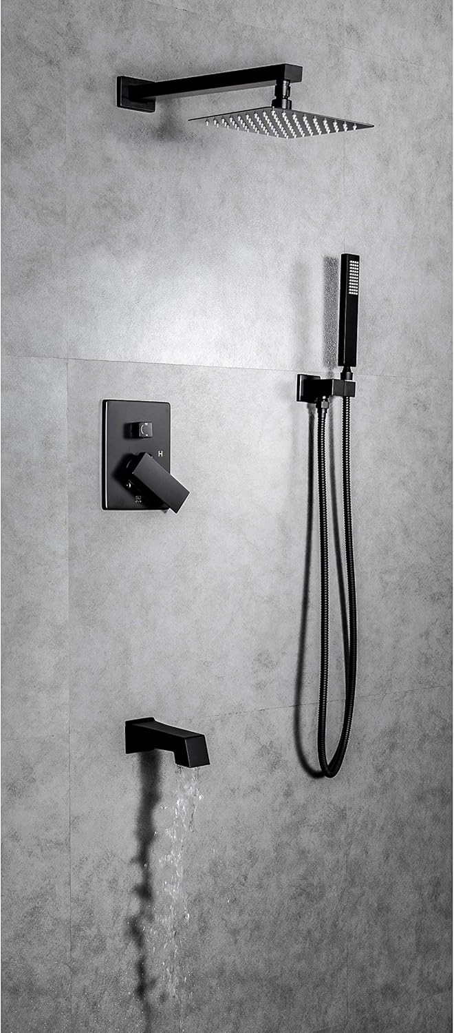 Faucet Talise SS312A-BLK Wall Mounted 3-Setting Shower Faucet System w/ 304T Stainless Steel Shower Head, Faceplate & Tub Spout in Matt Black Finish
