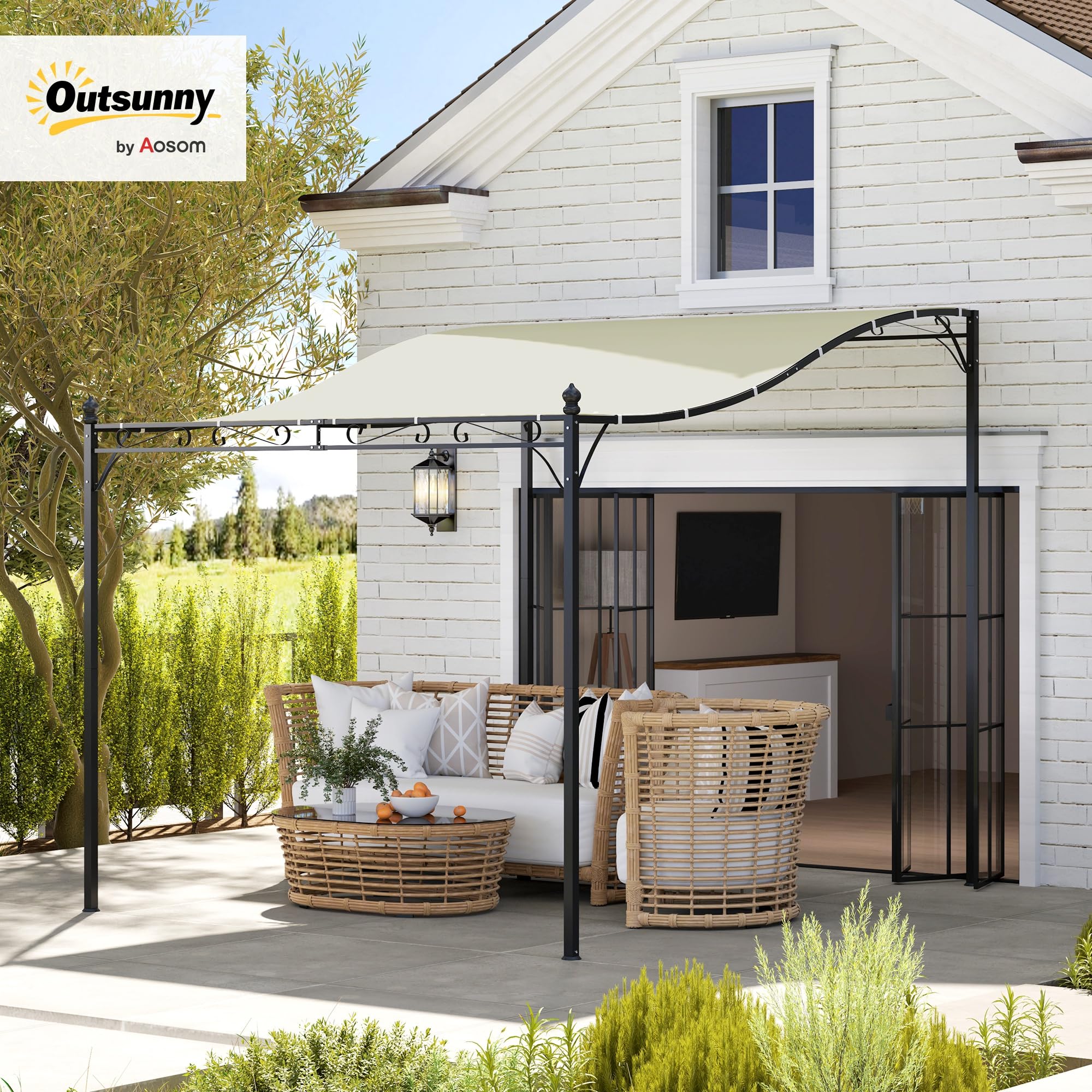 Outsunny Pergola Addossata 2.5x3m con Design Curvo e 16 Fori di Drenaggio, Gazebo Pergolato da Giardino in Metallo e Poliestere con Viti, per Esterno, Terrazza e Patio, Protezione UV, Crema