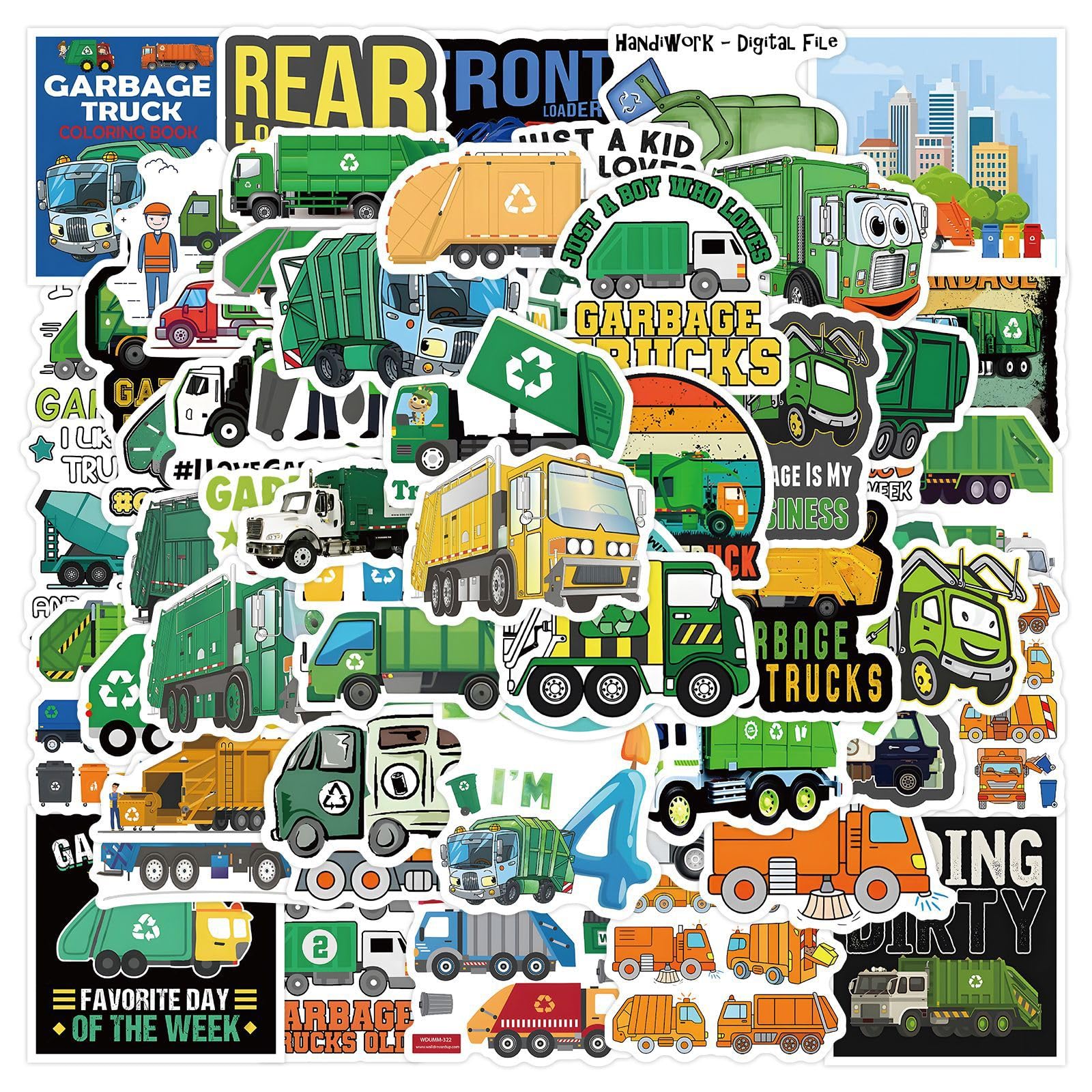 Kaensc Boys 60Pcs Garbage Truck For Water Bottle Laptop Helmet Luggage Skateboard Phone Scrapbook Notebook Computer Refrigerator,Environmental Management Recycling Truck For Kids Adults Teens
