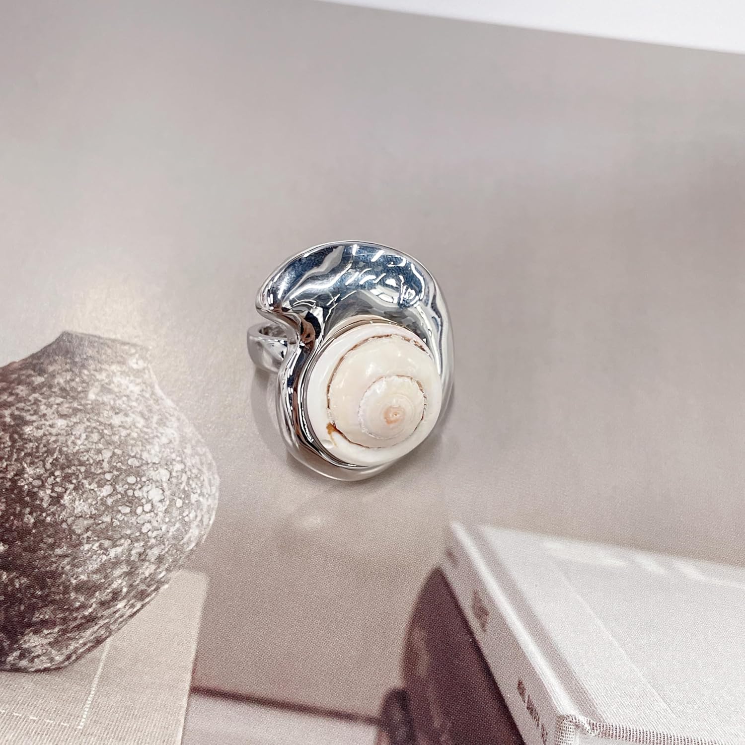 NewZenro Vintage Natural Shell Conch Open Ring for Women Silver Plated Chunky Ocean Sea Snail Statement Finger Band Rings Comfor itSummer Beach Boho Fashion Trendy Jewelry Holiday Size 6.5 - Image 3