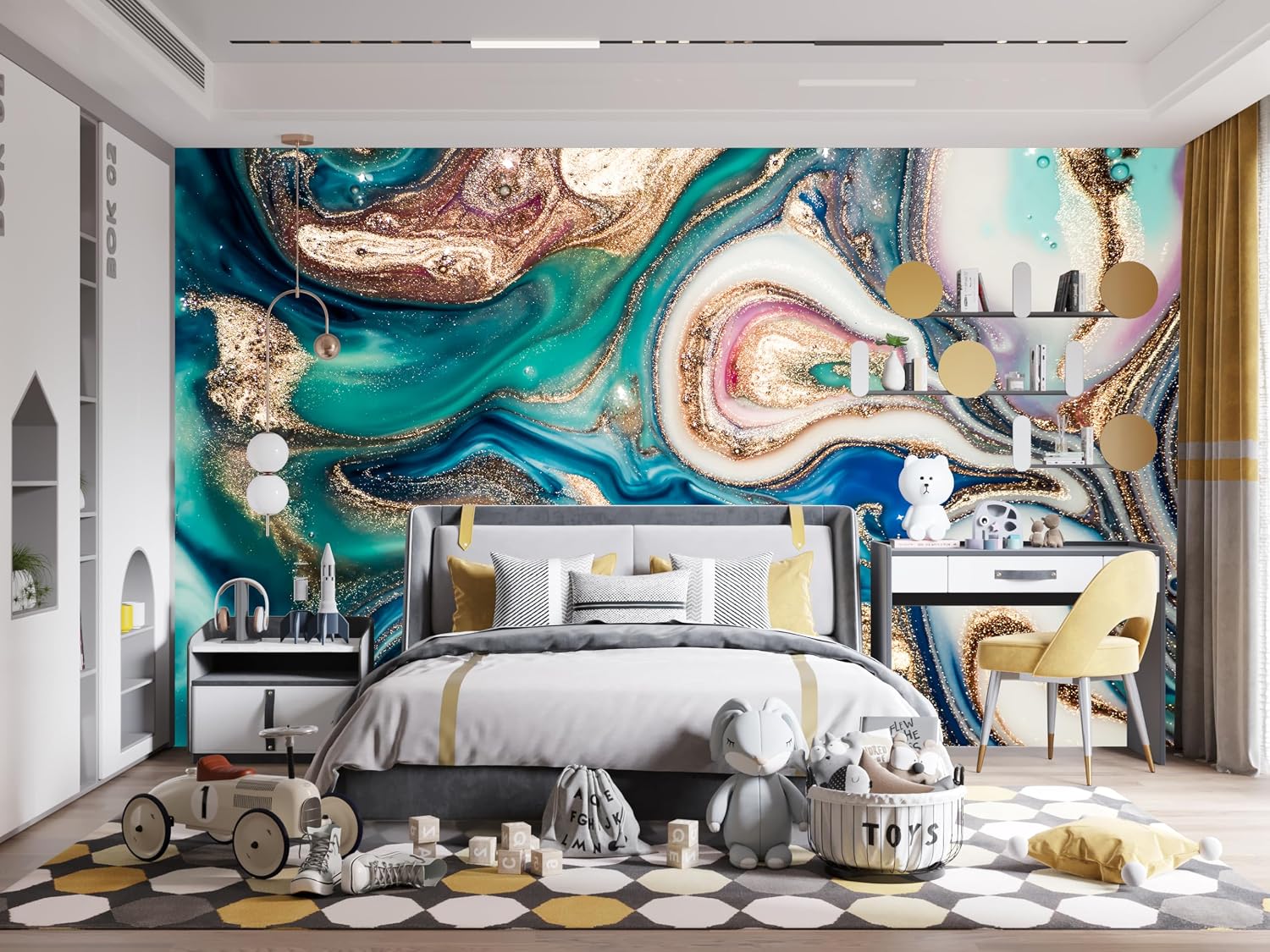 Marble Wallpaper Abstract Jade Marble with Gold Veins Wall Mural Peel and Stick Wallpaper, Self-Adhesive Removable for Living Room Bedroom Dining Room, Blue Green Pink Purple (Color-4, 137" x 98")